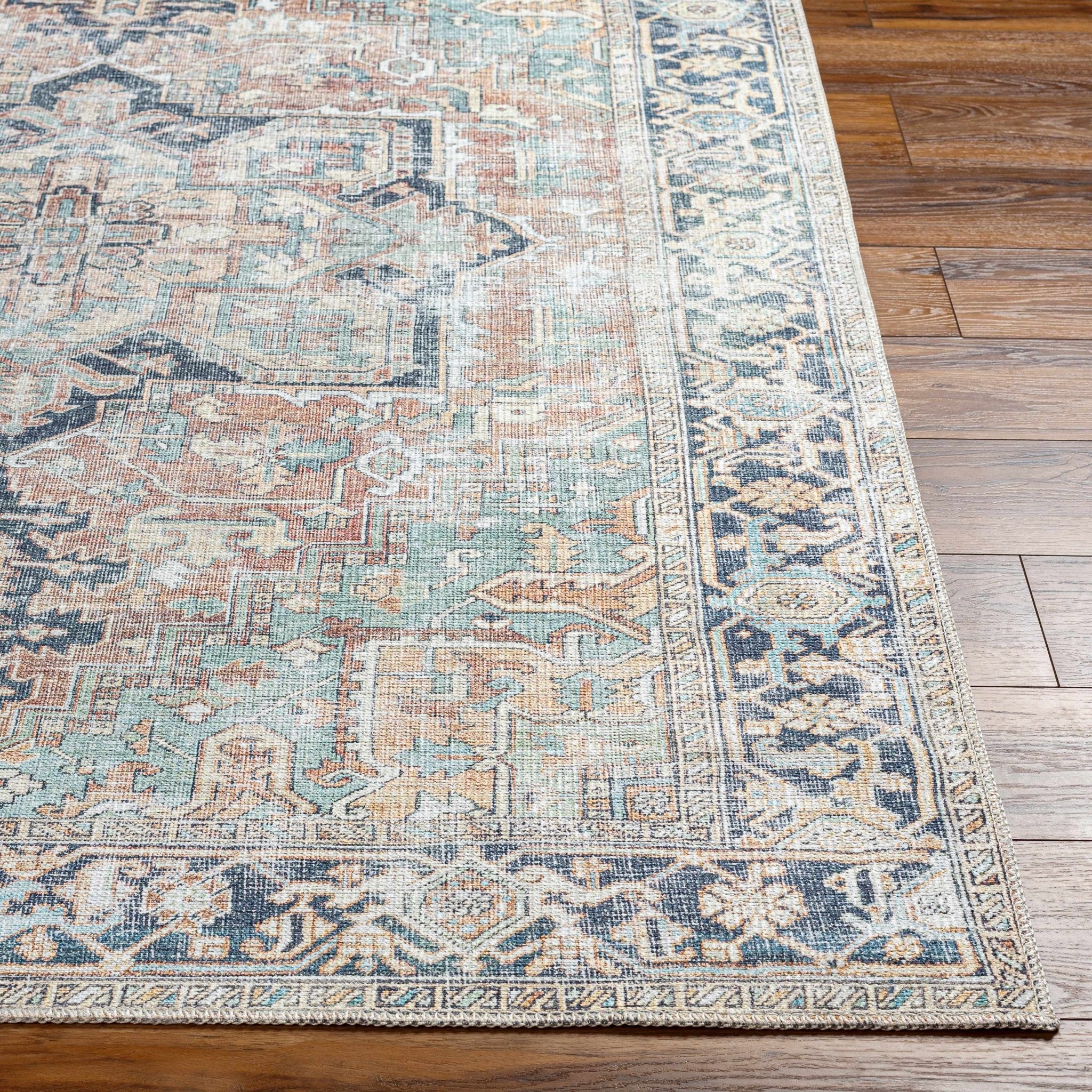 Distressed Finished Brown, Aqua, Blue and Beige Vintage Style Washable Rug - Image 10