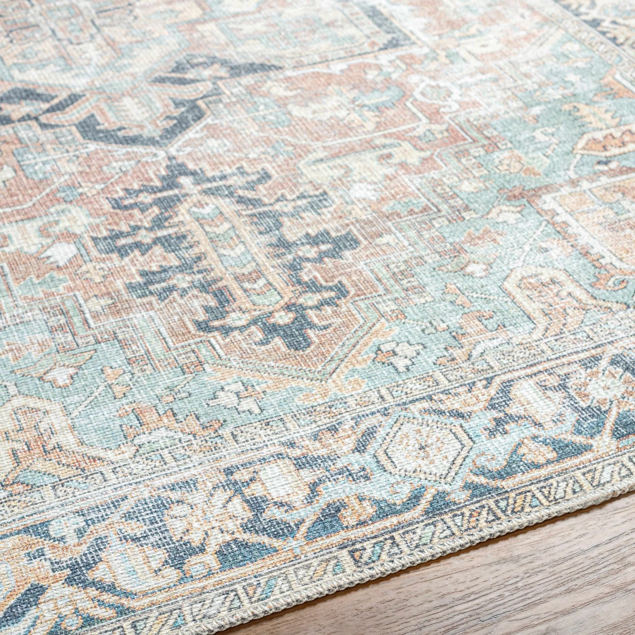 Distressed Finished Brown, Aqua, Blue and Beige Vintage Style Washable Rug - Image 11