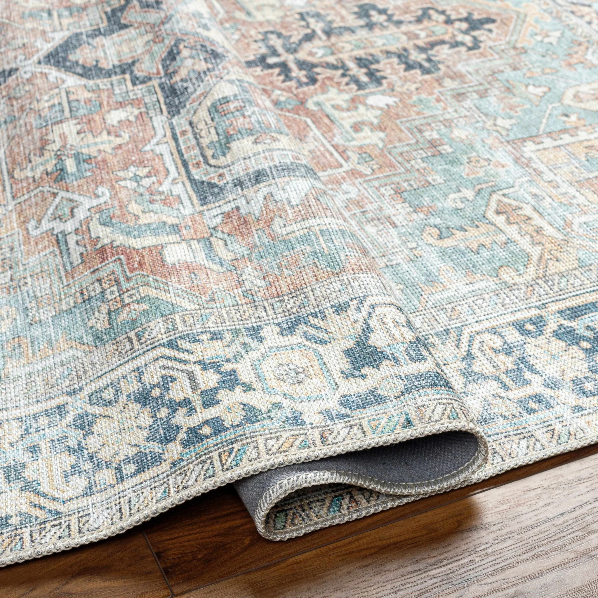 Distressed Finished Brown, Aqua, Blue and Beige Vintage Style Washable Rug - Image 3