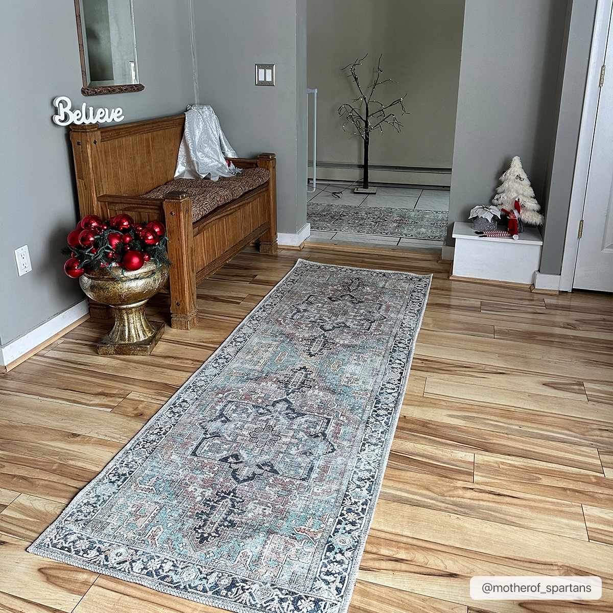 Distressed Finished Brown, Aqua, Blue and Beige Vintage Style Washable Rug - Image 4