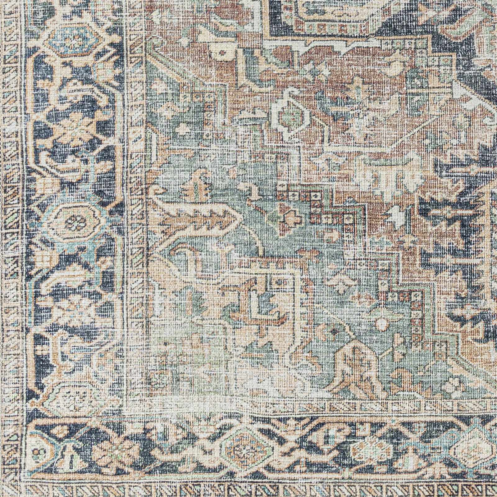 Distressed Finished Brown, Aqua, Blue and Beige Vintage Style Washable Rug - Image 5