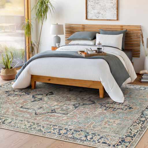 Distressed Finished Brown, Aqua, Blue and Beige Vintage Style Washable Rug - Image 6