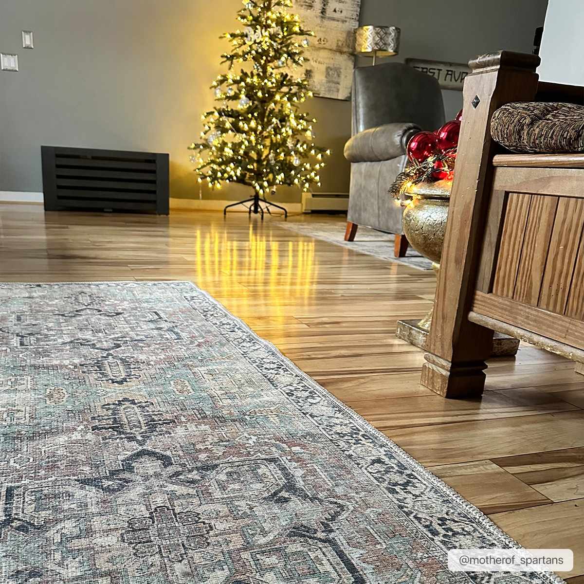 Distressed Finished Brown, Aqua, Blue and Beige Vintage Style Washable Rug - Image 7