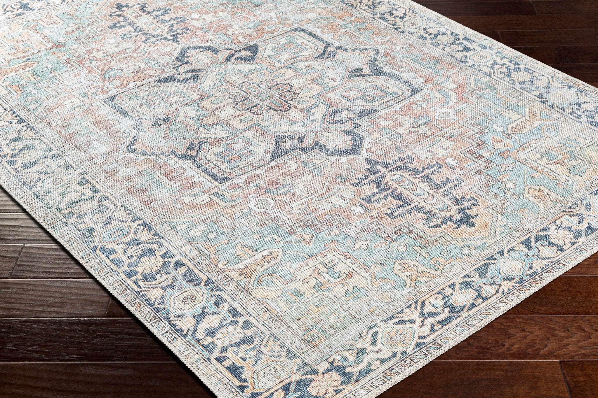 Distressed Finished Brown, Aqua, Blue and Beige Vintage Style Washable Rug - Image 8