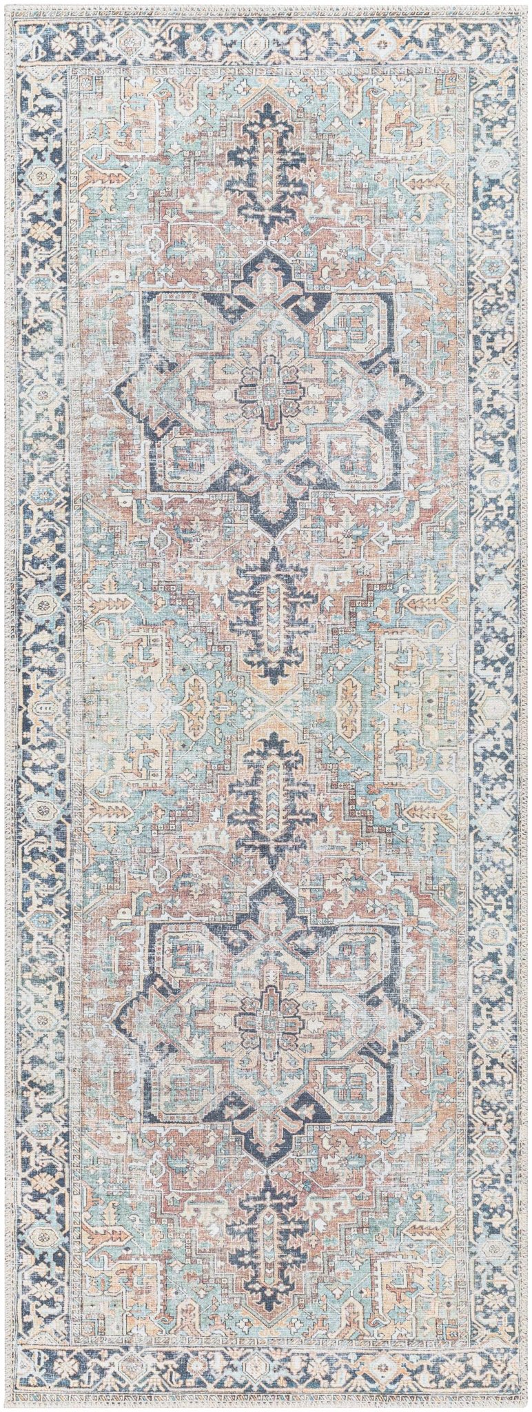 Distressed Finished Brown, Aqua, Blue and Beige Vintage Style Washable Rug - Image 9