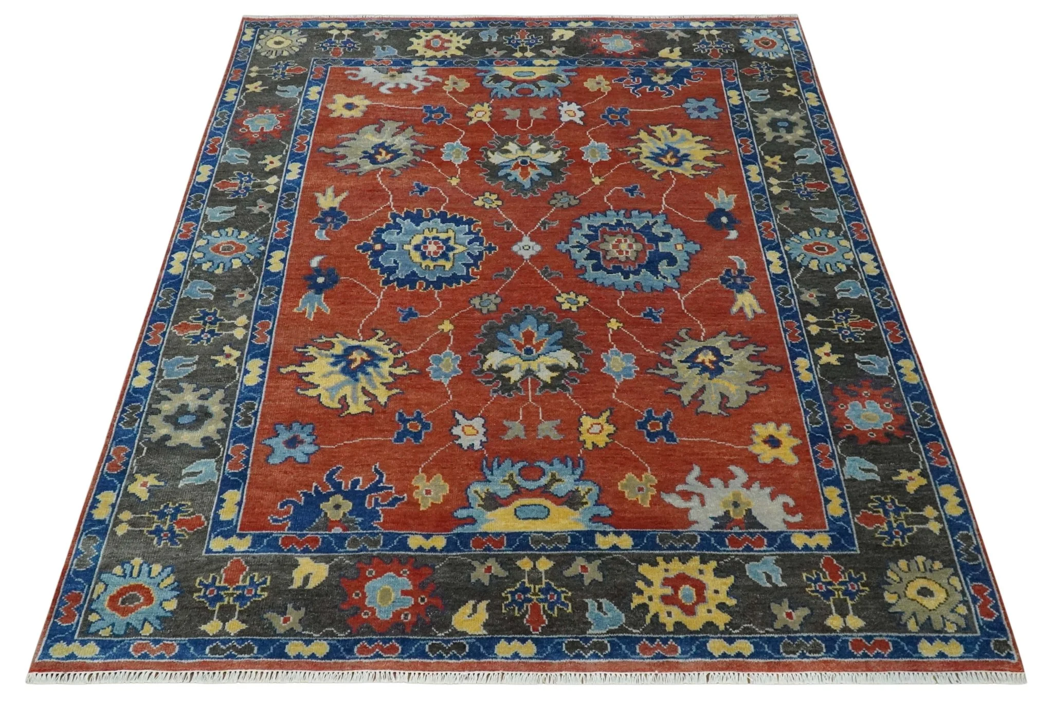Hand Knotted Brown, Blue and Charcoal colorful Traditional Oushak Wool Area Rug - Image 10
