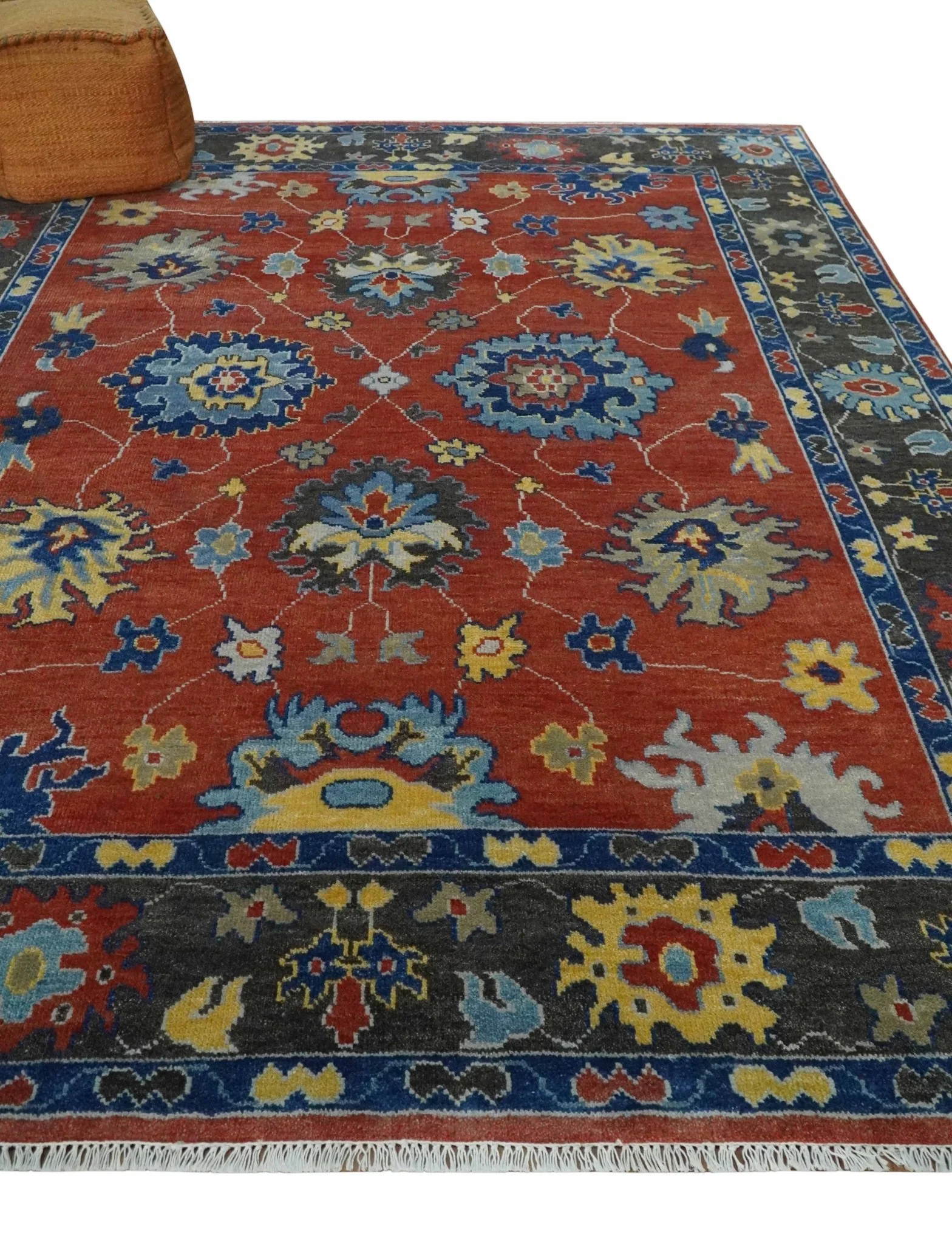 Hand Knotted Brown, Blue and Charcoal colorful Traditional Oushak Wool Area Rug - Image 3