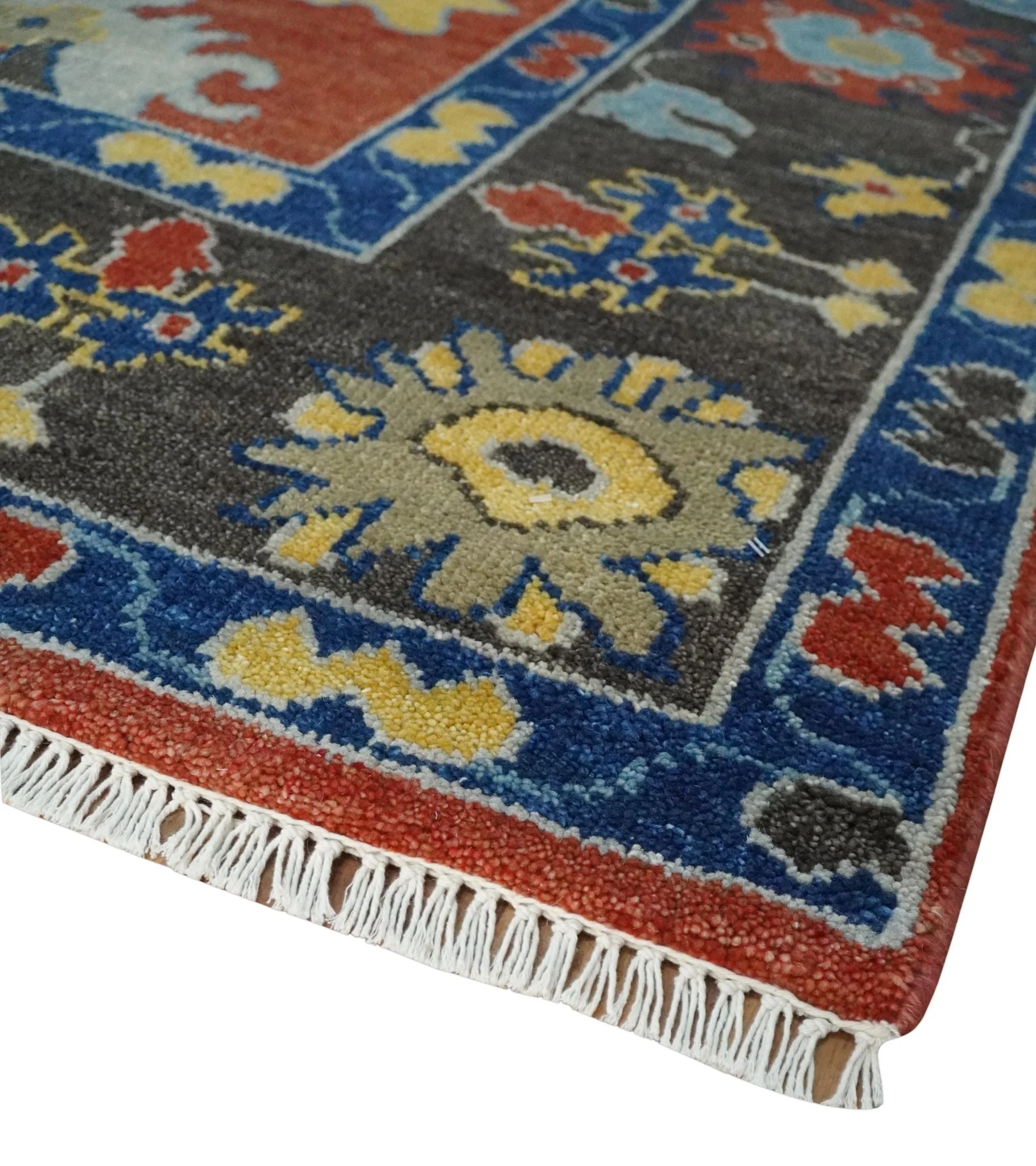 Hand Knotted Brown, Blue and Charcoal colorful Traditional Oushak Wool Area Rug - Image 5
