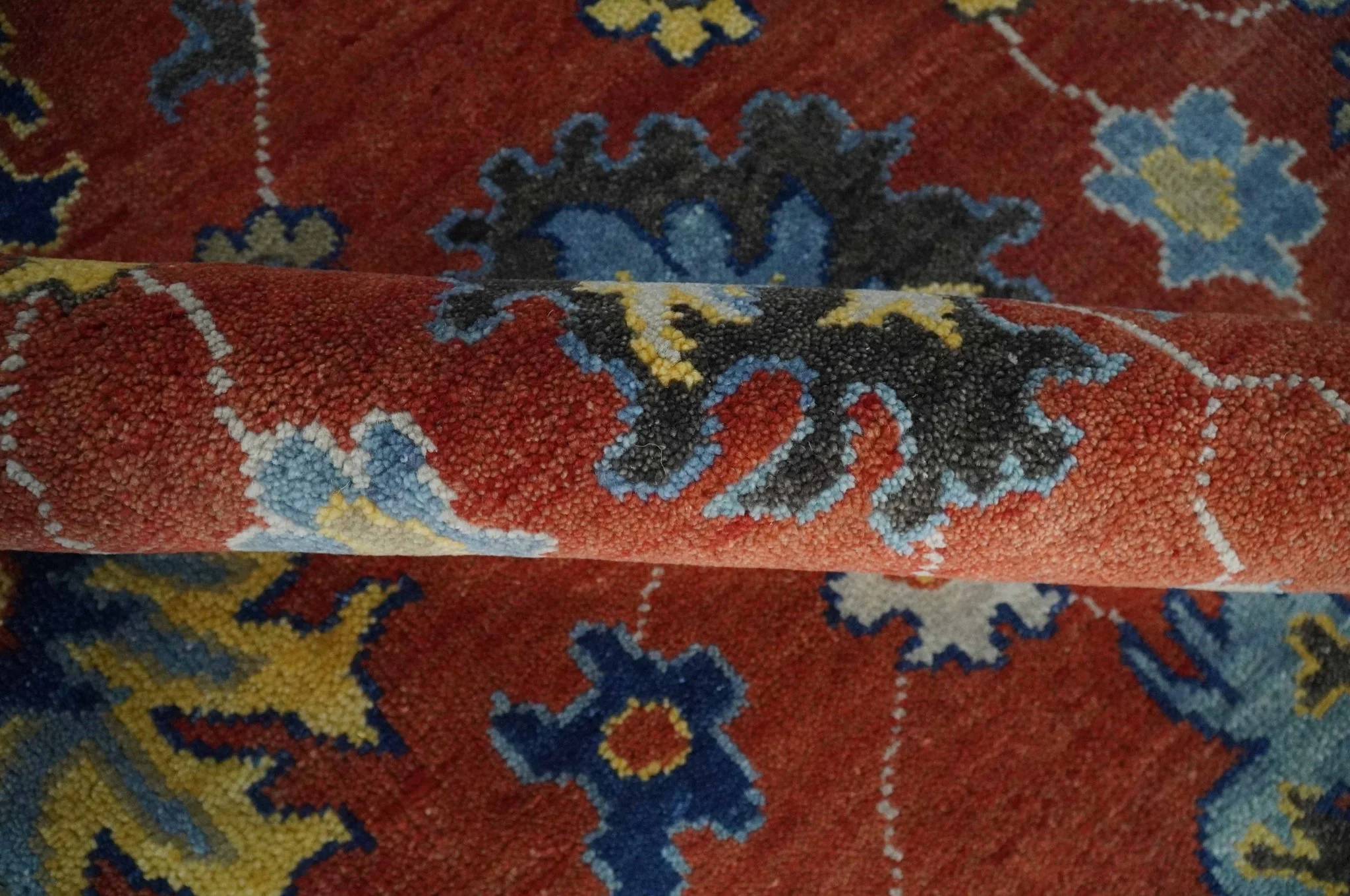 Hand Knotted Brown, Blue and Charcoal colorful Traditional Oushak Wool Area Rug - Image 6