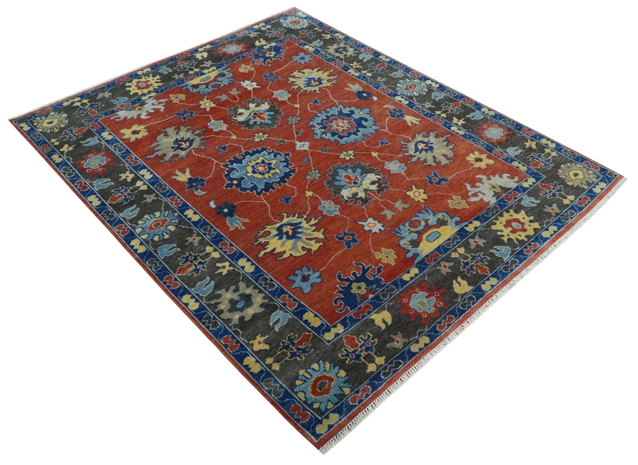 Hand Knotted 8x10 Brown, Blue and Charcoal vibrant colorful Traditional Oushak Wool Area Rug - Image 10