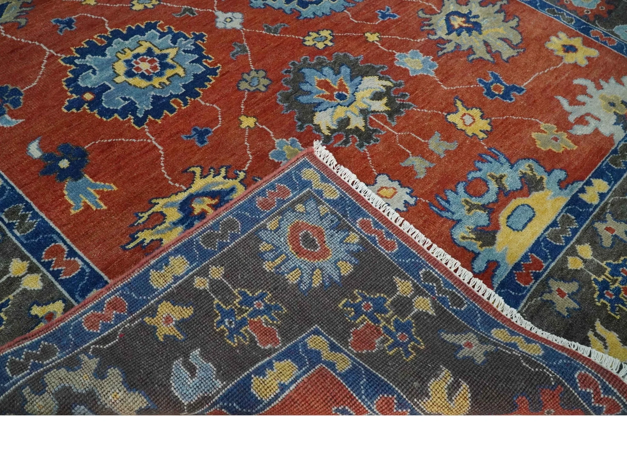 Hand Knotted 8x10 Brown, Blue and Charcoal vibrant colorful Traditional Oushak Wool Area Rug - Image 6