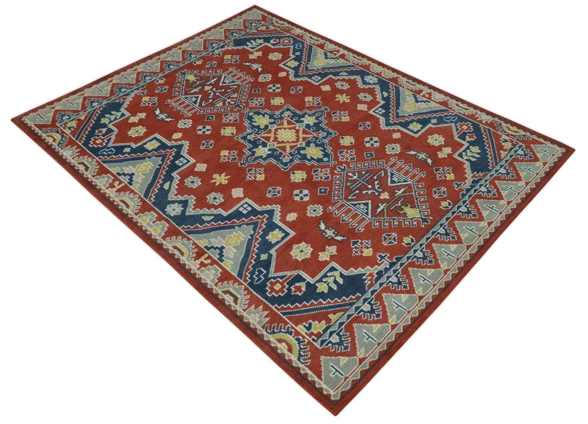 Custom Made Red, Blue, Gray and Mustard Traditional Hand knotted wool Area Rug - Image 10