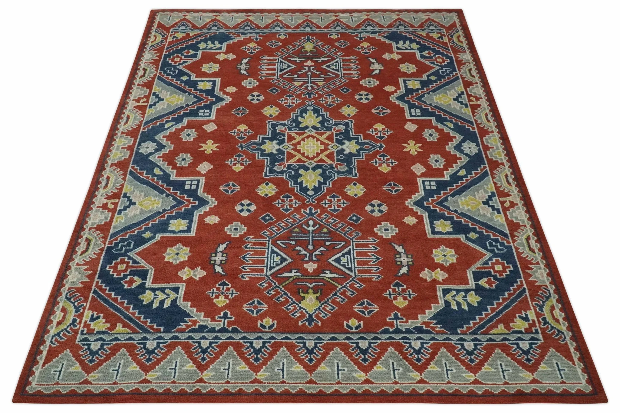 Custom Made Red, Blue, Gray and Mustard Traditional Hand knotted wool Area Rug - Image 11