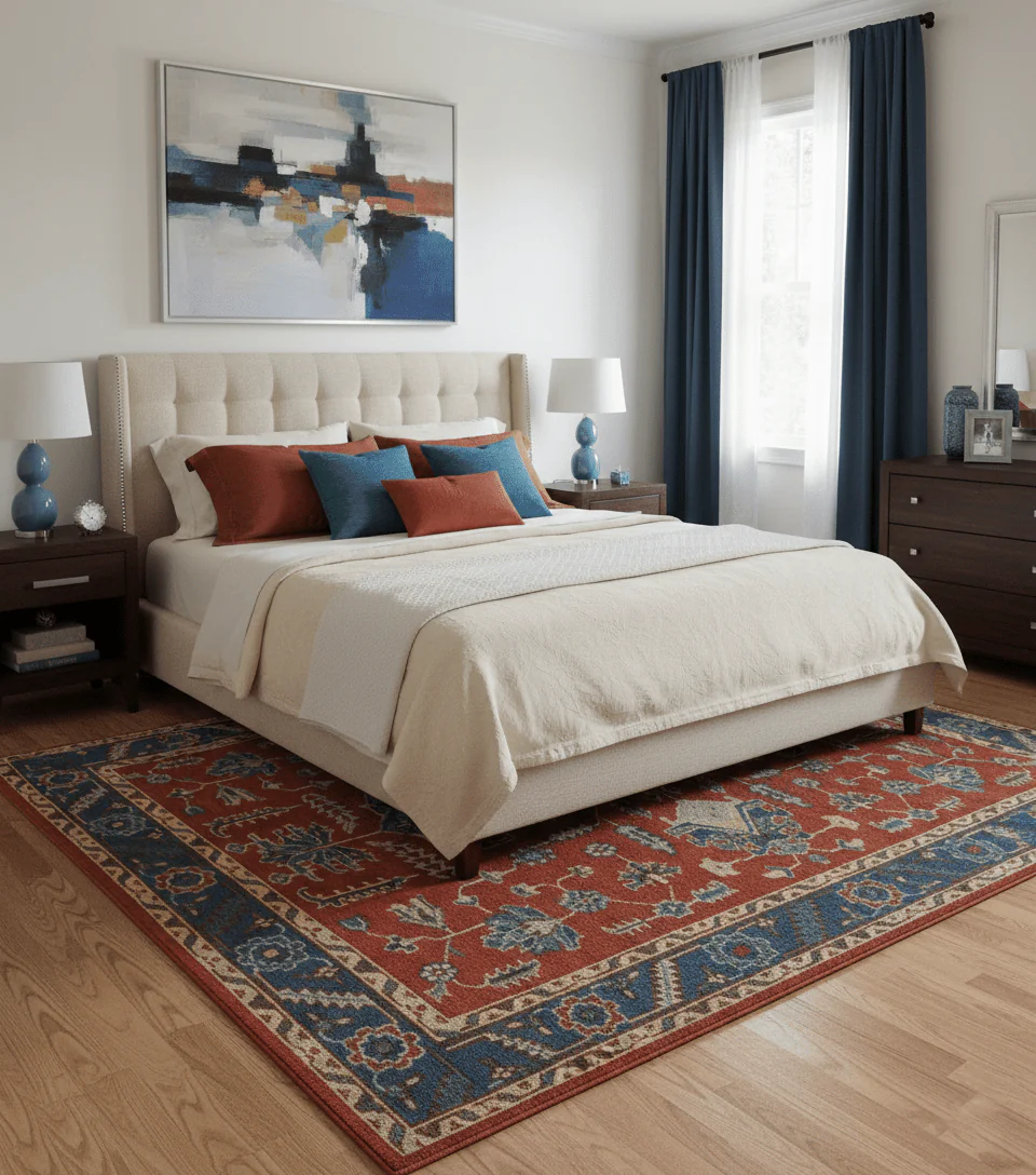 Custom Made Red, Blue, Gray and Mustard Traditional Hand knotted wool Area Rug - Image 2