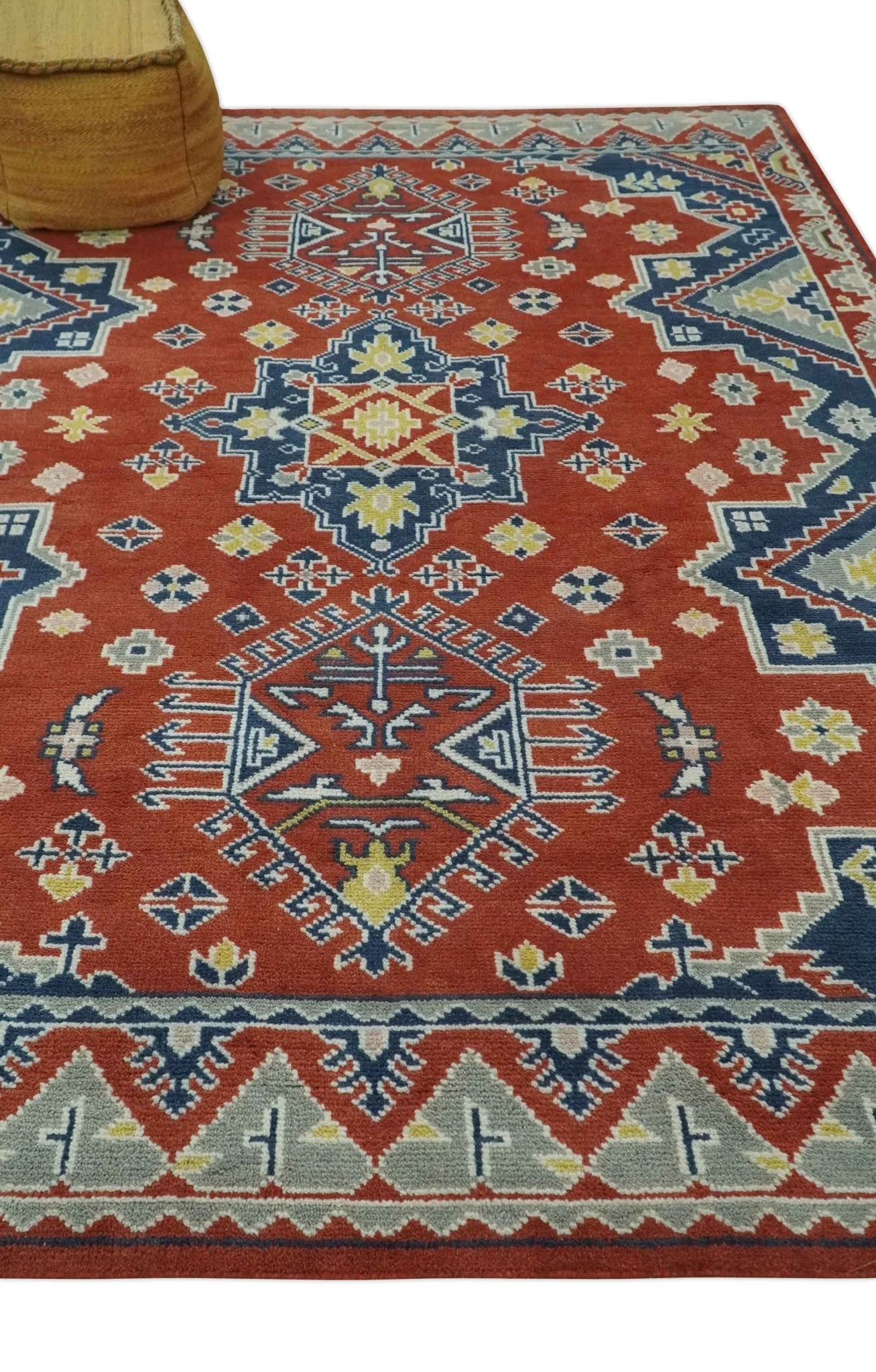 Custom Made Red, Blue, Gray and Mustard Traditional Hand knotted wool Area Rug - Image 4