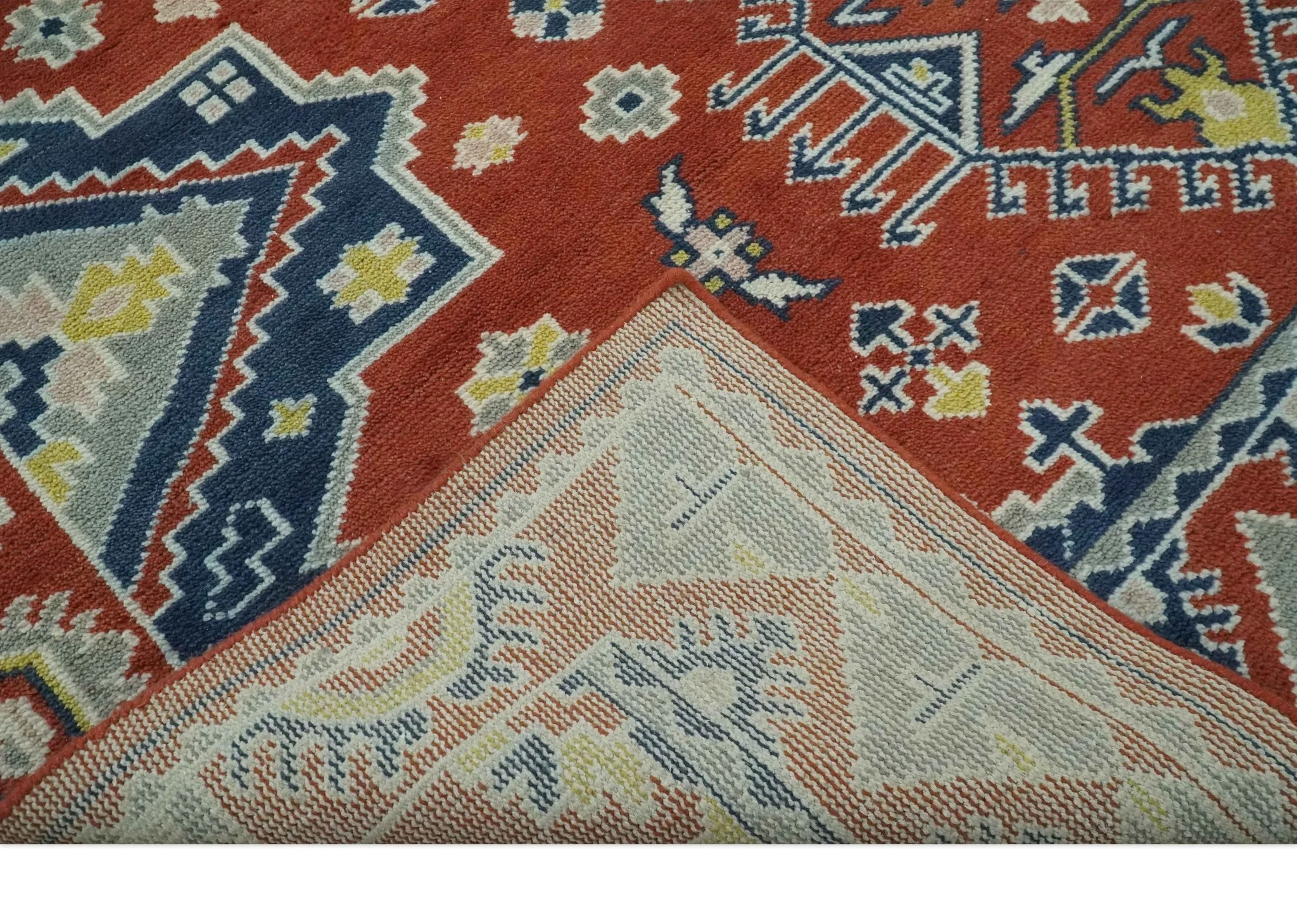 Custom Made Red, Blue, Gray and Mustard Traditional Hand knotted wool Area Rug - Image 8