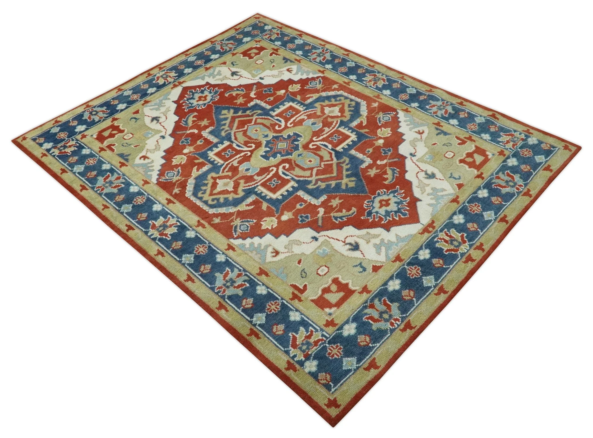 Custom Made Brown, Blue, Ivory and Olive Traditional Heriz Medallion Wool Area Rug - Image 10
