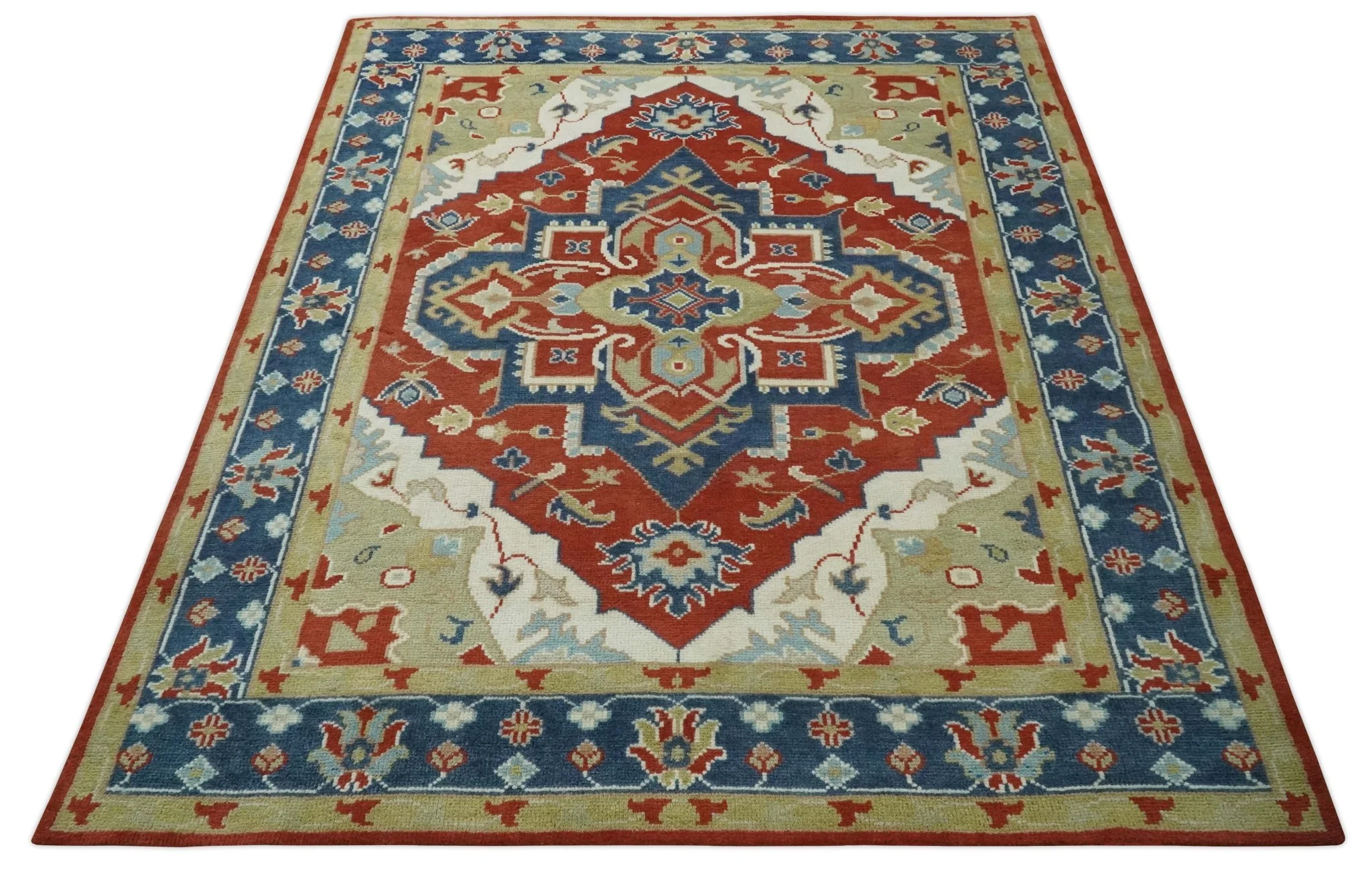 Custom Made Brown, Blue, Ivory and Olive Traditional Heriz Medallion Wool Area Rug - Image 11