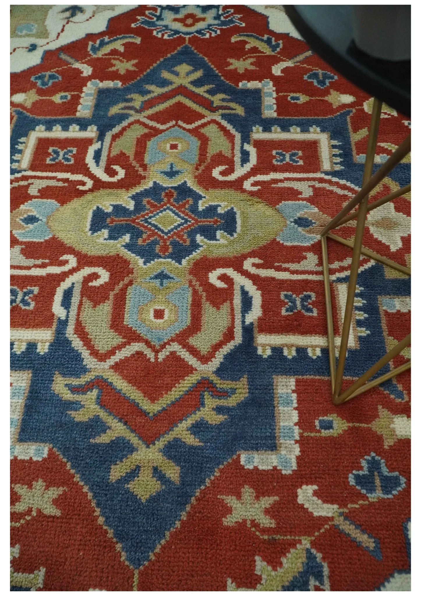 Custom Made Brown, Blue, Ivory and Olive Traditional Heriz Medallion Wool Area Rug - Image 3