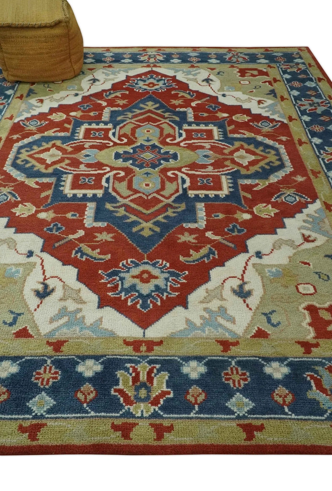 Custom Made Brown, Blue, Ivory and Olive Traditional Heriz Medallion Wool Area Rug - Image 4