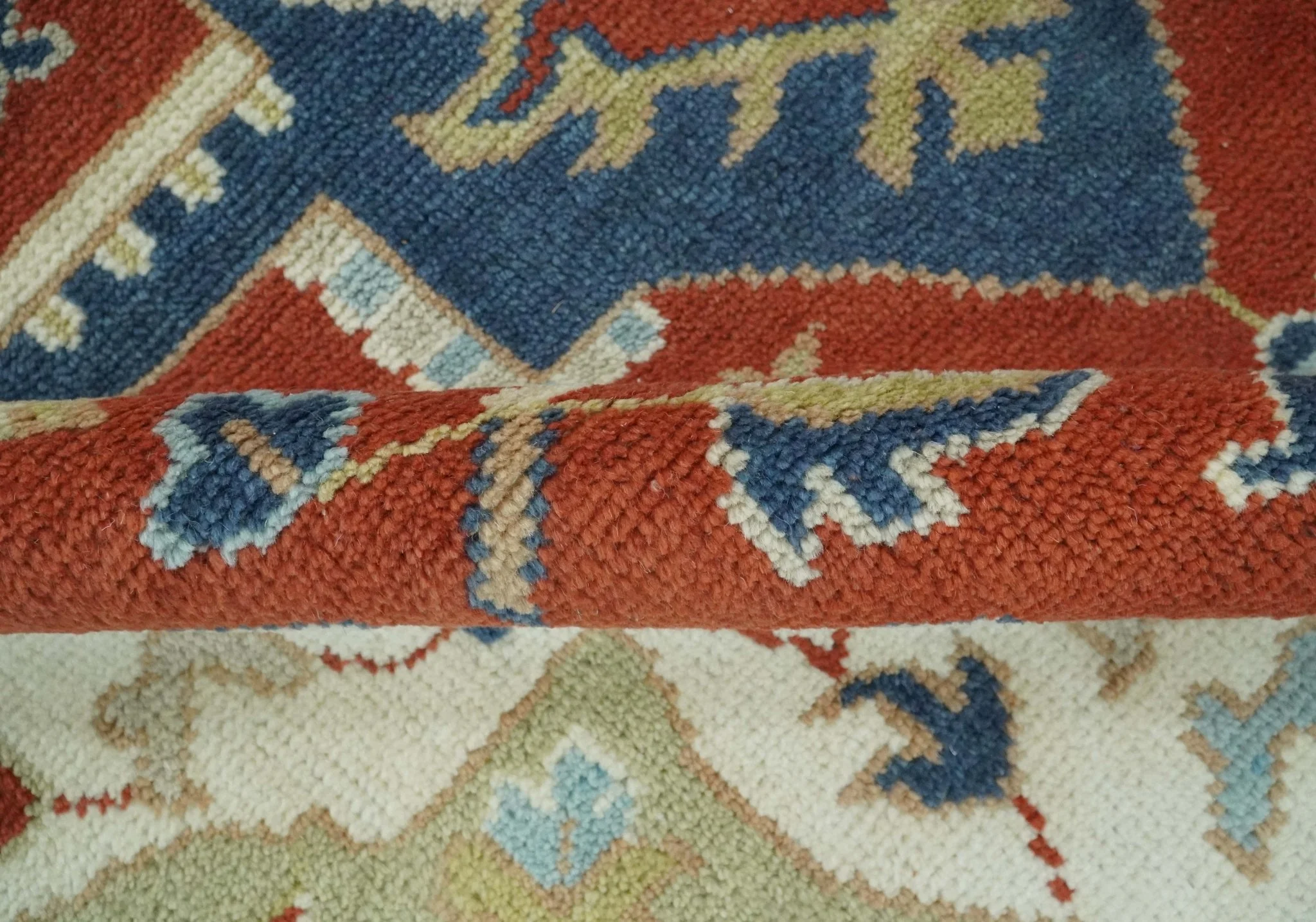 Custom Made Brown, Blue, Ivory and Olive Traditional Heriz Medallion Wool Area Rug - Image 7