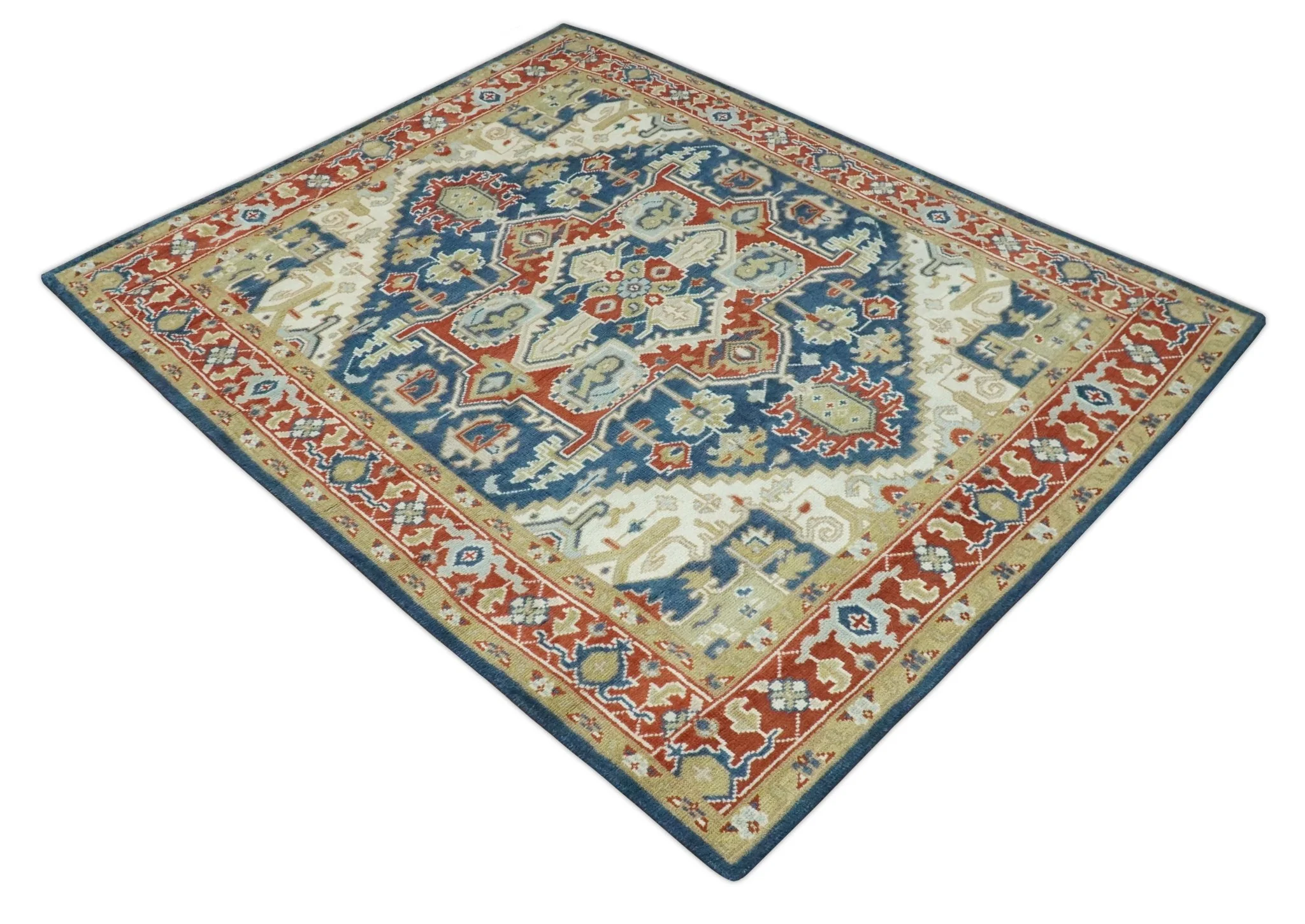 Custom Made Brown, Blue, Ivory and Olive Hand knotted Traditional Heriz Medallion Wool Area Rug - Image 10