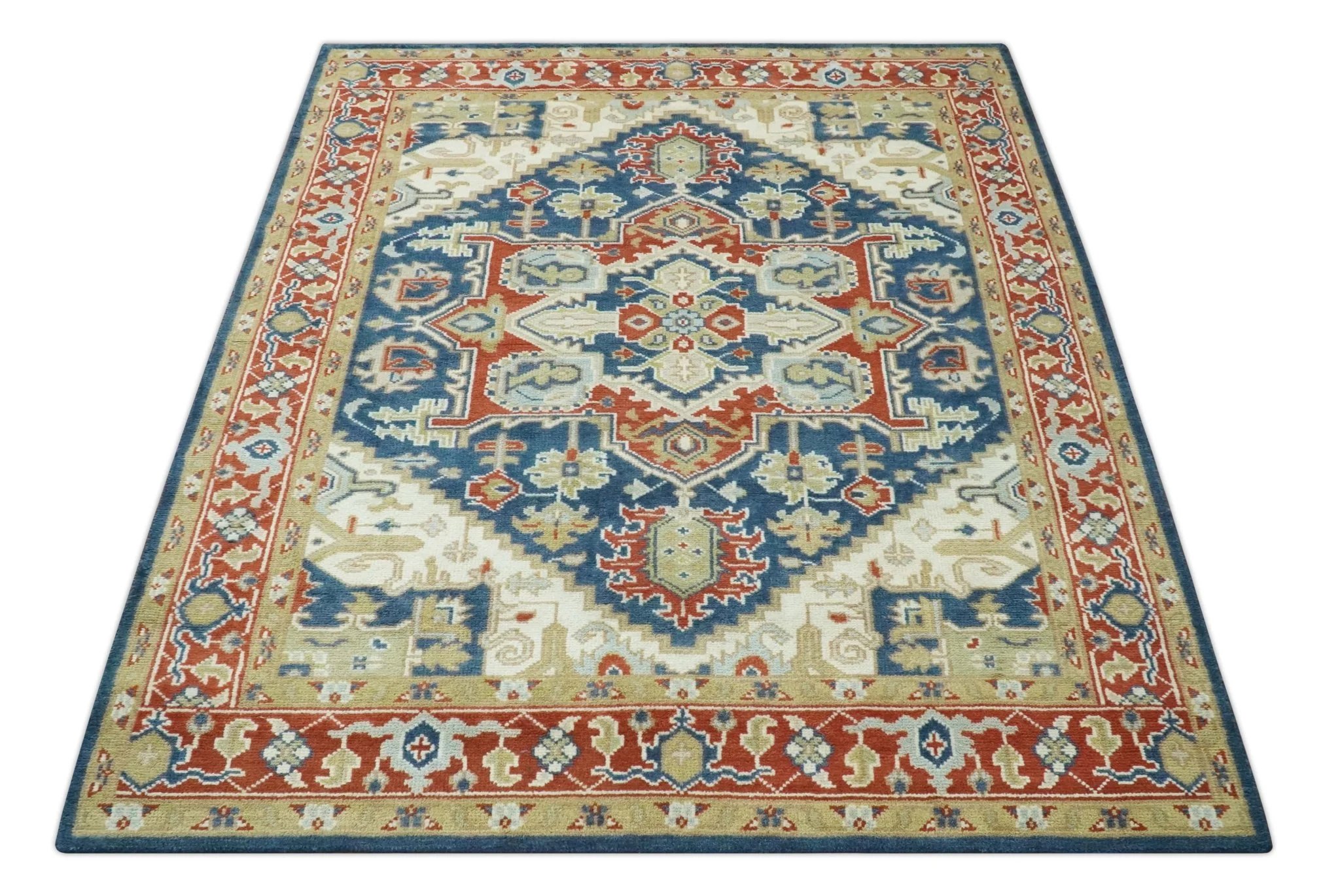 Custom Made Brown, Blue, Ivory and Olive Hand knotted Traditional Heriz Medallion Wool Area Rug - Image 11