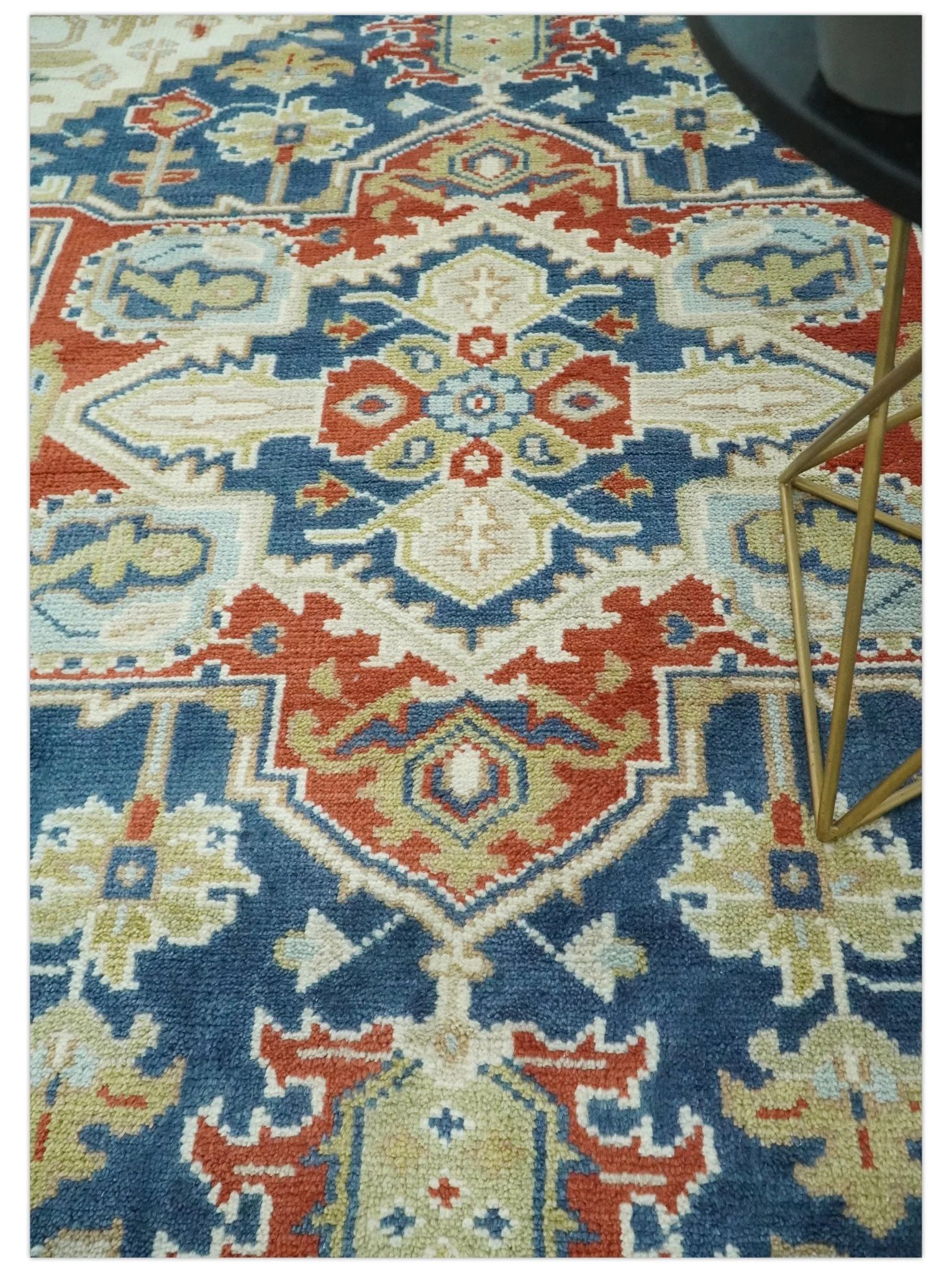 Custom Made Brown, Blue, Ivory and Olive Hand knotted Traditional Heriz Medallion Wool Area Rug - Image 3