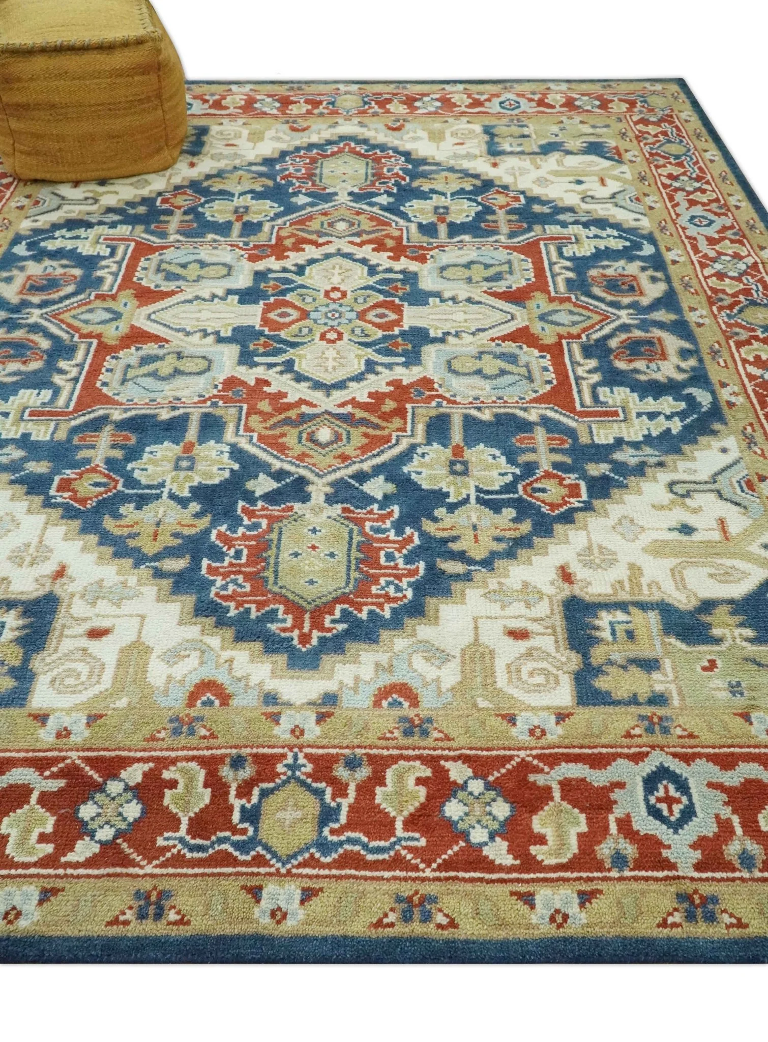 Custom Made Brown, Blue, Ivory and Olive Hand knotted Traditional Heriz Medallion Wool Area Rug - Image 4