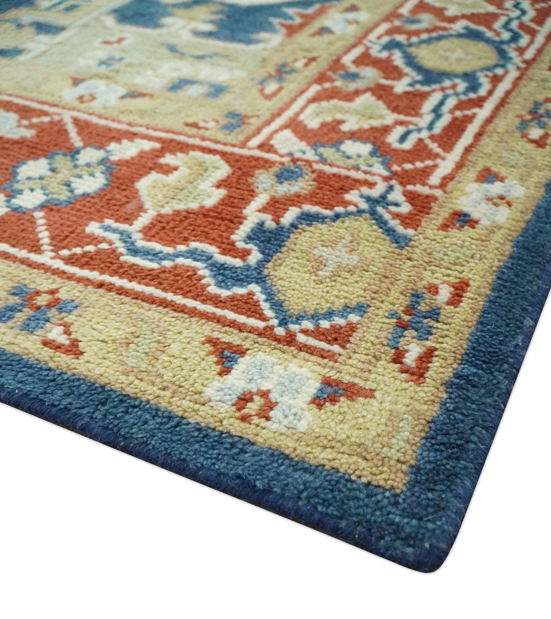 Custom Made Brown, Blue, Ivory and Olive Hand knotted Traditional Heriz Medallion Wool Area Rug - Image 6
