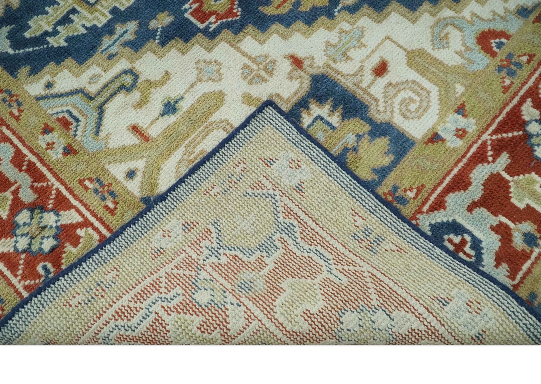Custom Made Brown, Blue, Ivory and Olive Hand knotted Traditional Heriz Medallion Wool Area Rug - Image 8