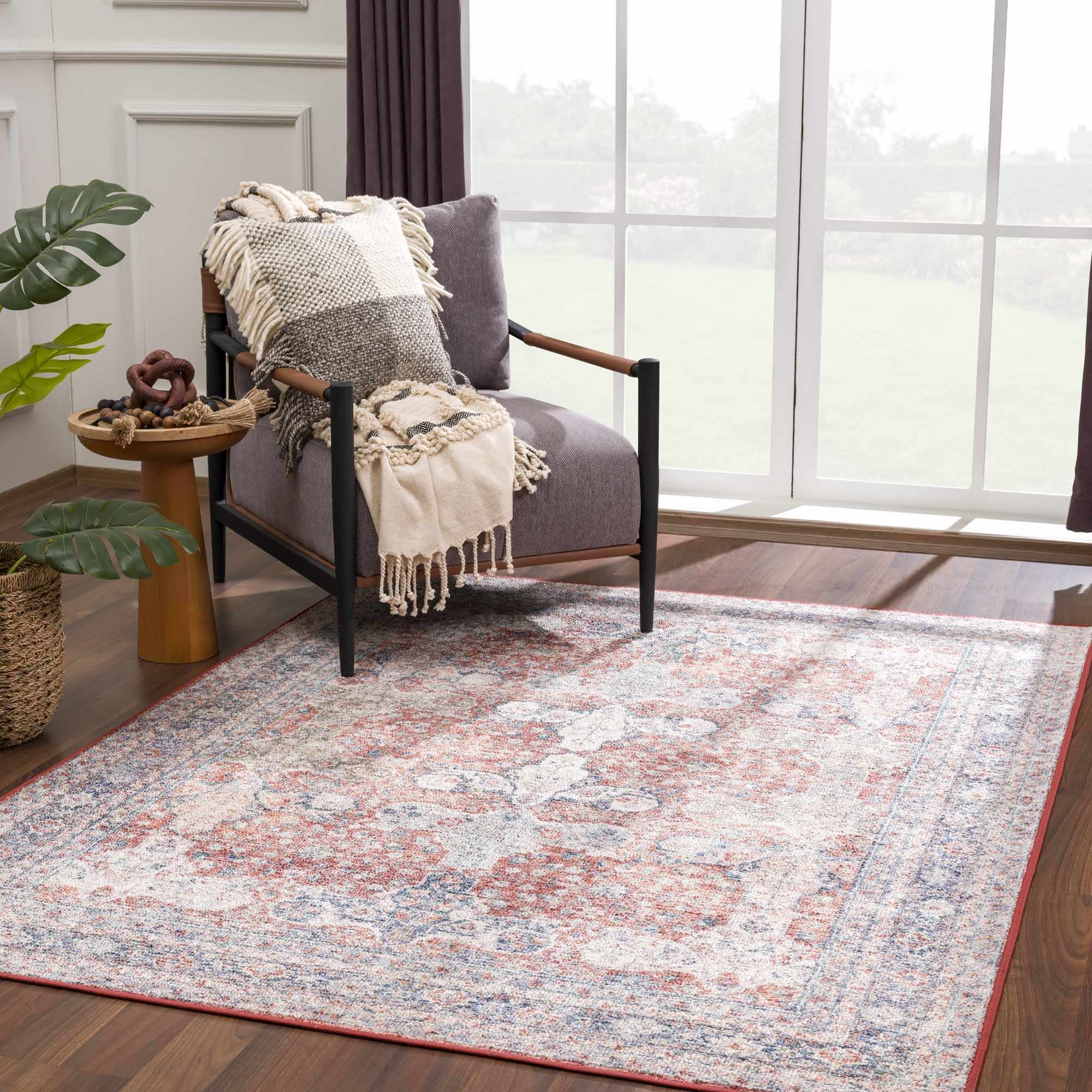 Brown, Blue, Silver and Green Traditional Design With Rubber Backing Washable Area Rug - Image 2
