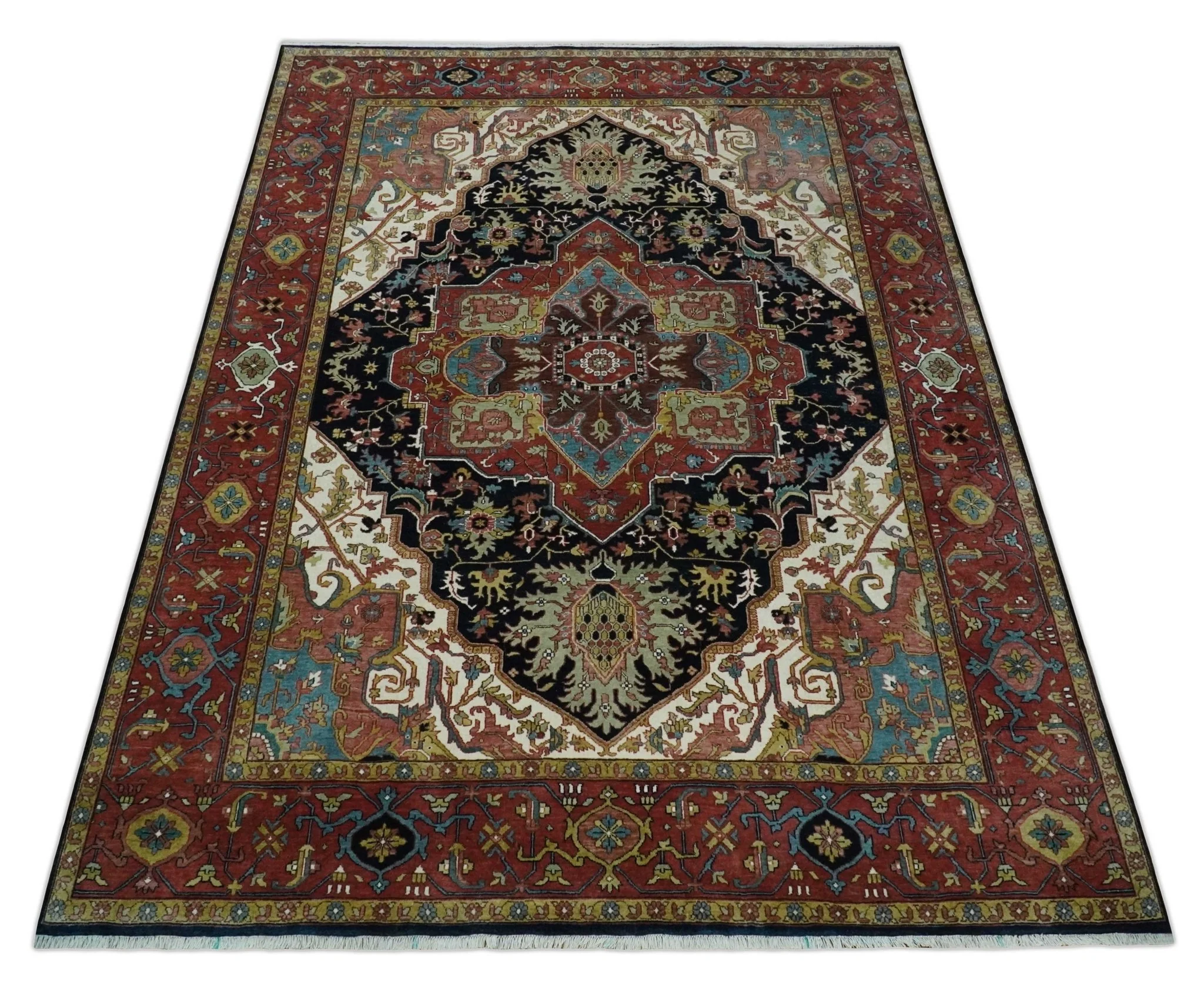 Brown, Ivory and Black Hand Knotted Antique 9x12  Traditional Heriz Serapi Wool Rug | TRDCP1343912 - Image 10