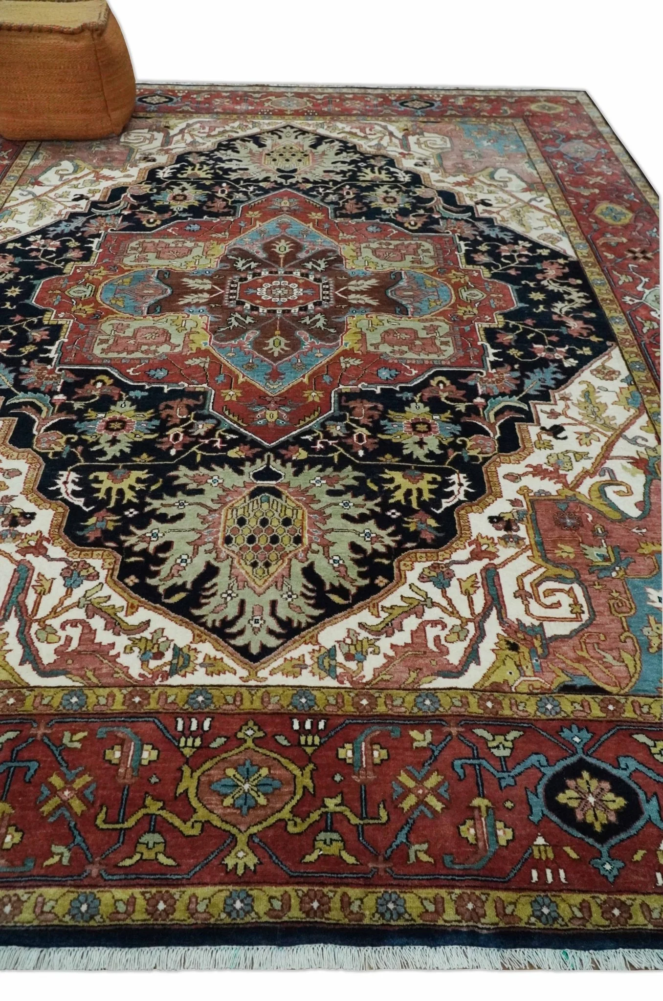 Brown, Ivory and Black Hand Knotted Antique 9x12  Traditional Heriz Serapi Wool Rug | TRDCP1343912 - Image 3