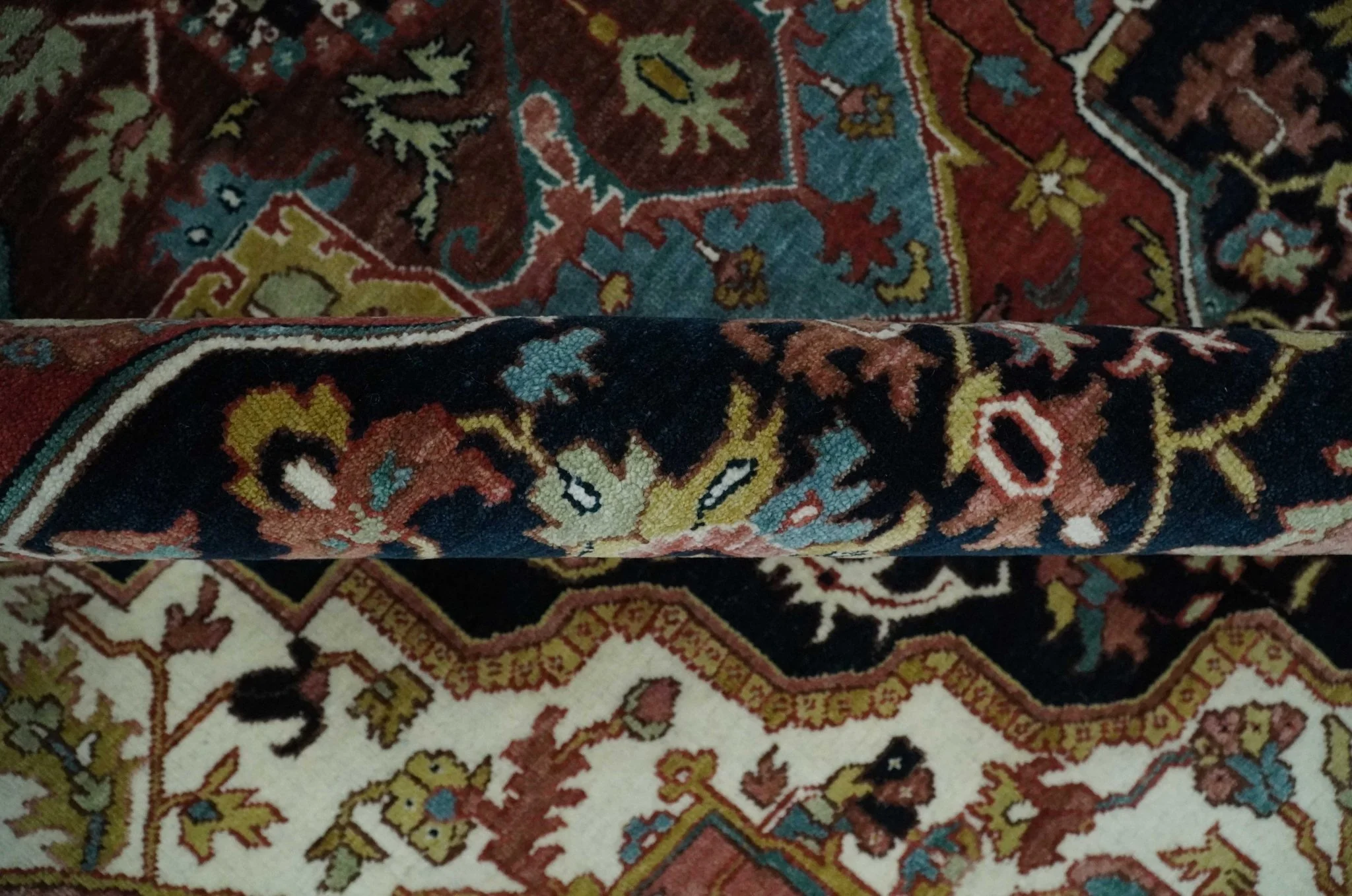 Brown, Ivory and Black Hand Knotted Antique 9x12  Traditional Heriz Serapi Wool Rug | TRDCP1343912 - Image 6