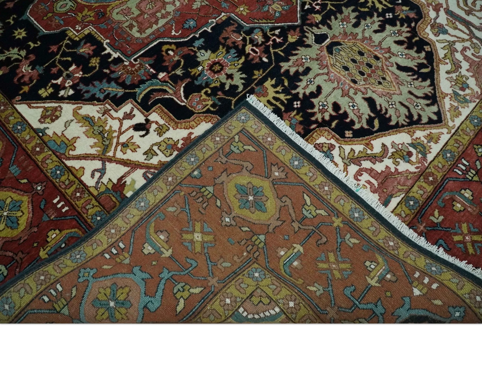 Brown, Ivory and Black Hand Knotted Antique 9x12  Traditional Heriz Serapi Wool Rug | TRDCP1343912 - Image 7