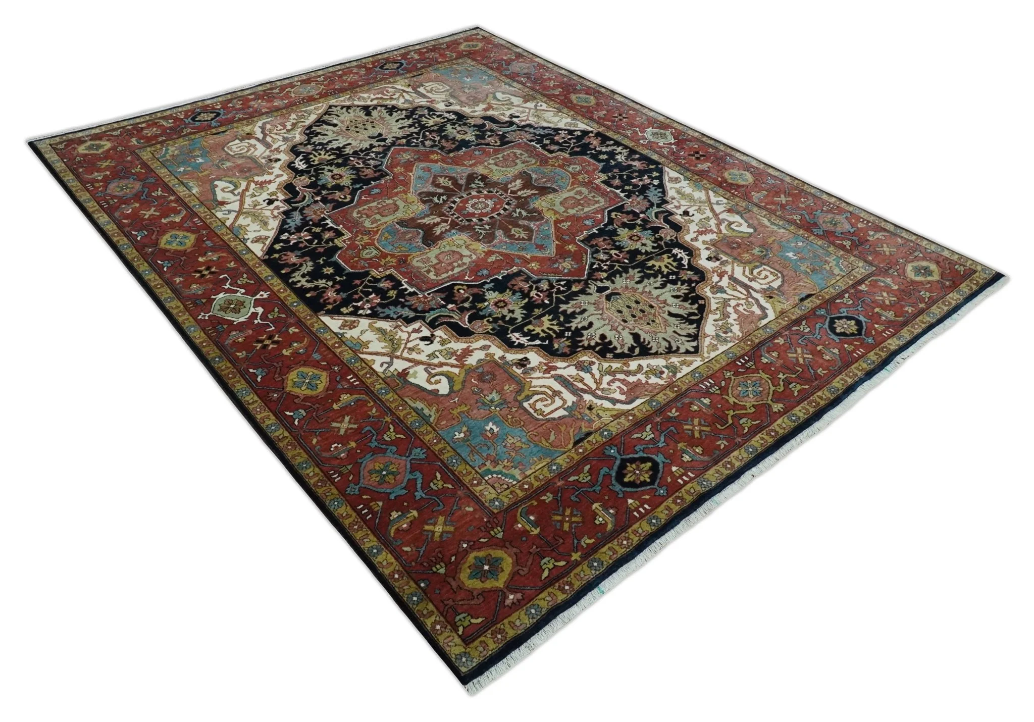 Brown, Ivory and Black Hand Knotted Antique 9x12  Traditional Heriz Serapi Wool Rug | TRDCP1343912 - Image 9