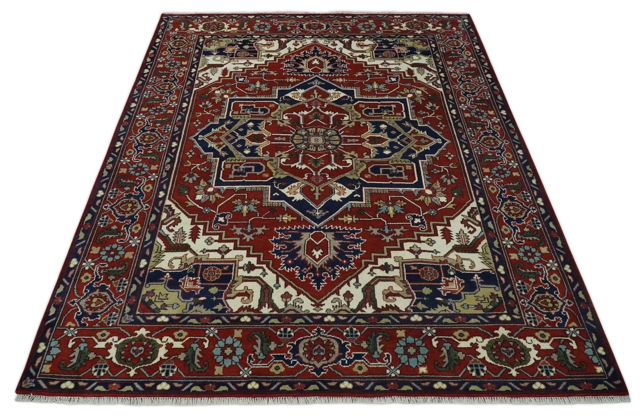 8x10 and 9x12 Traditional Rust, Ivory and Blue Hand knotted wool Area Rug - Image 10