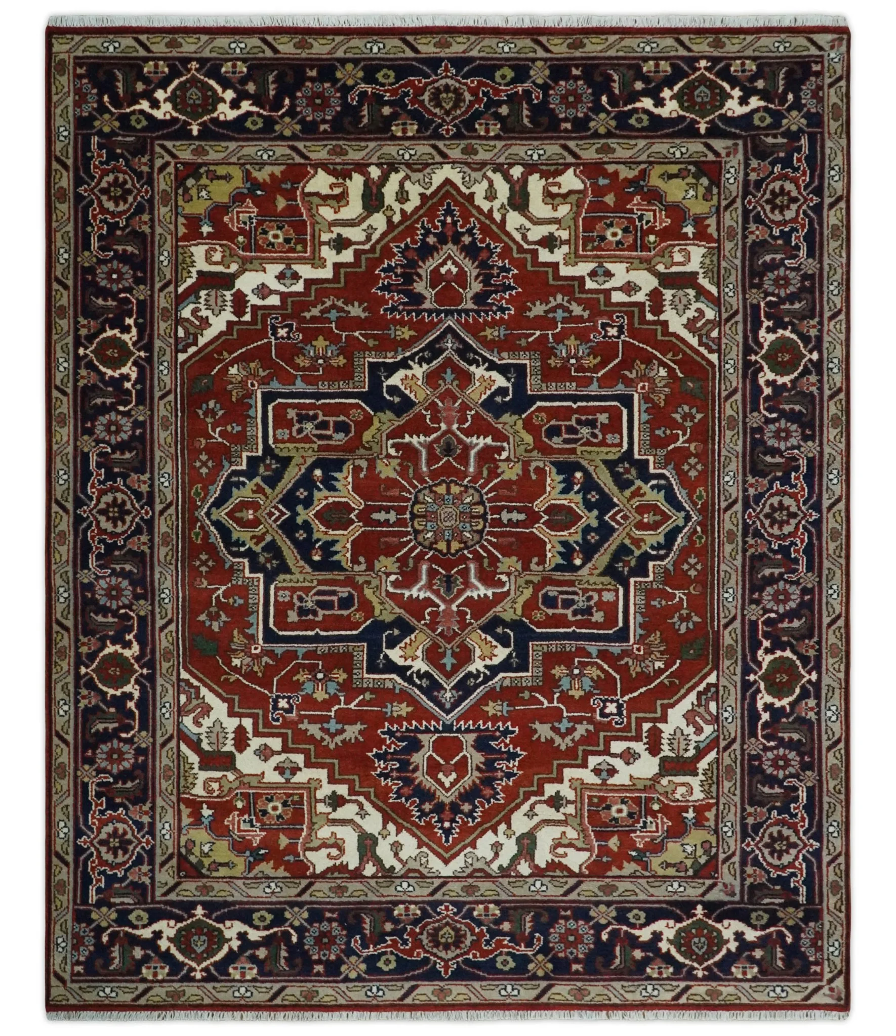 8x10 and 9x12 Traditional Rust, Ivory and Blue Hand knotted wool Area Rug - Image 11