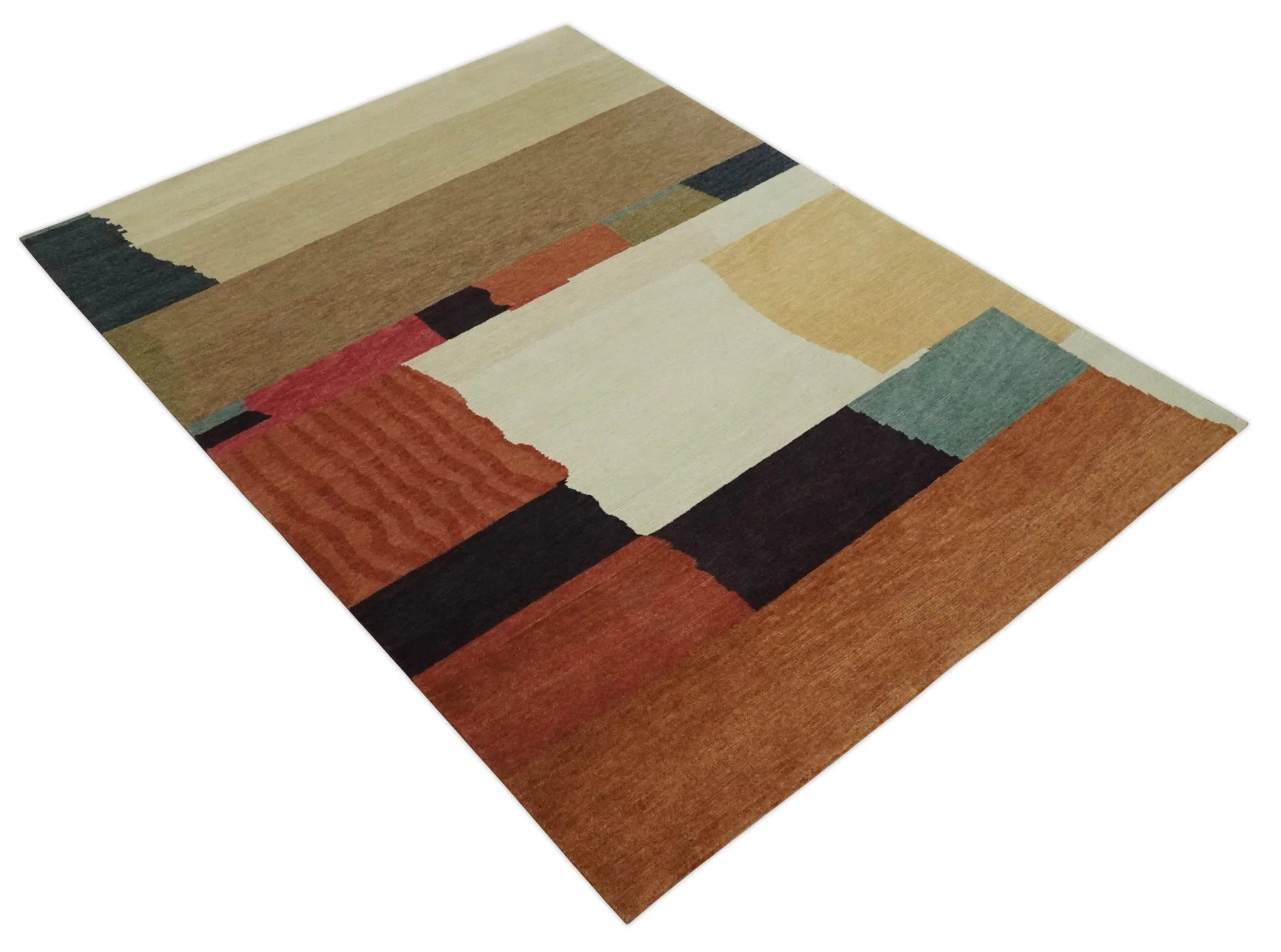 Brown, Ivory, Beige and Rust Modern Abstract Hand knotted 5X6.6 Wool Area Rug - Image 10