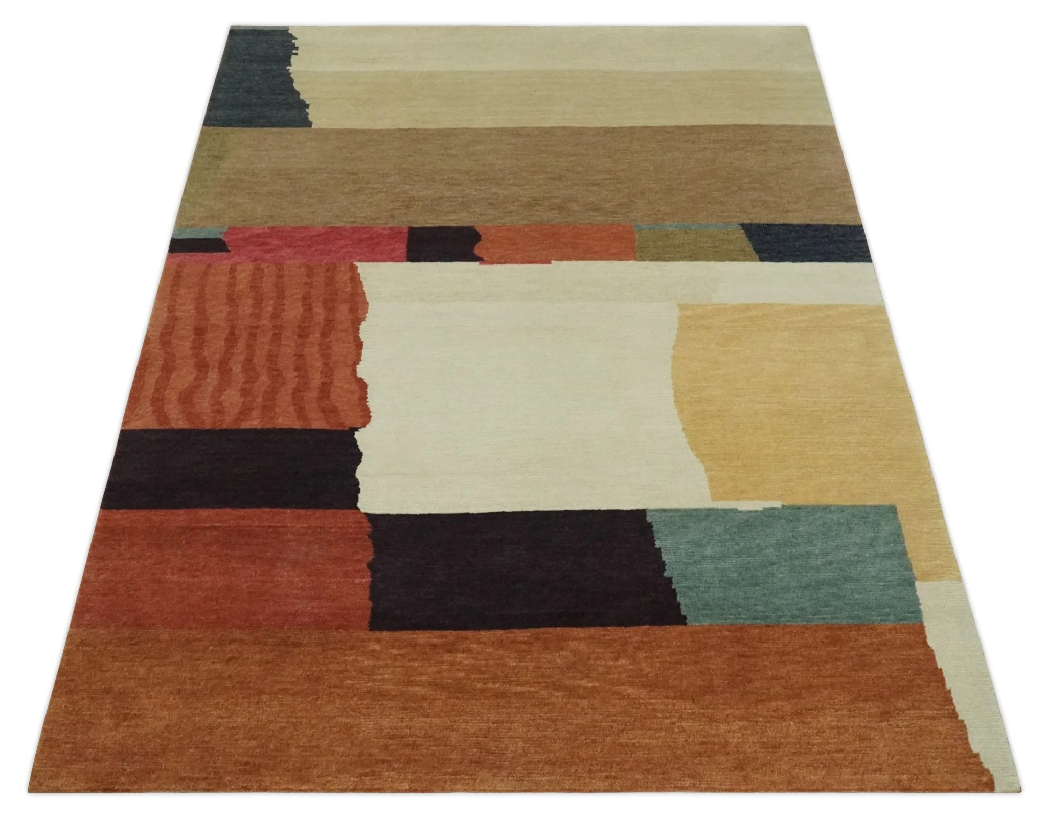 Brown, Ivory, Beige and Rust Modern Abstract Hand knotted 5X6.6 Wool Area Rug - Image 11