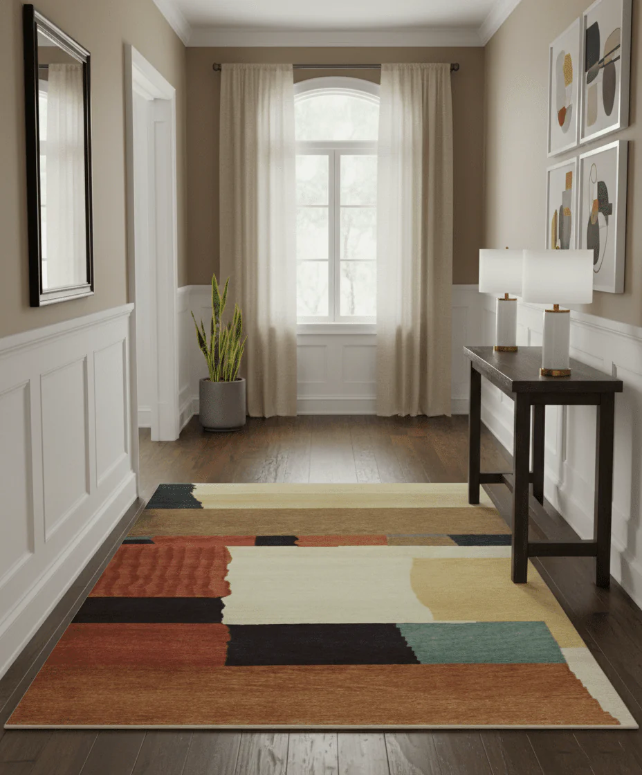 Brown, Ivory, Beige and Rust Modern Abstract Hand knotted 5X6.6 Wool Area Rug - Image 2