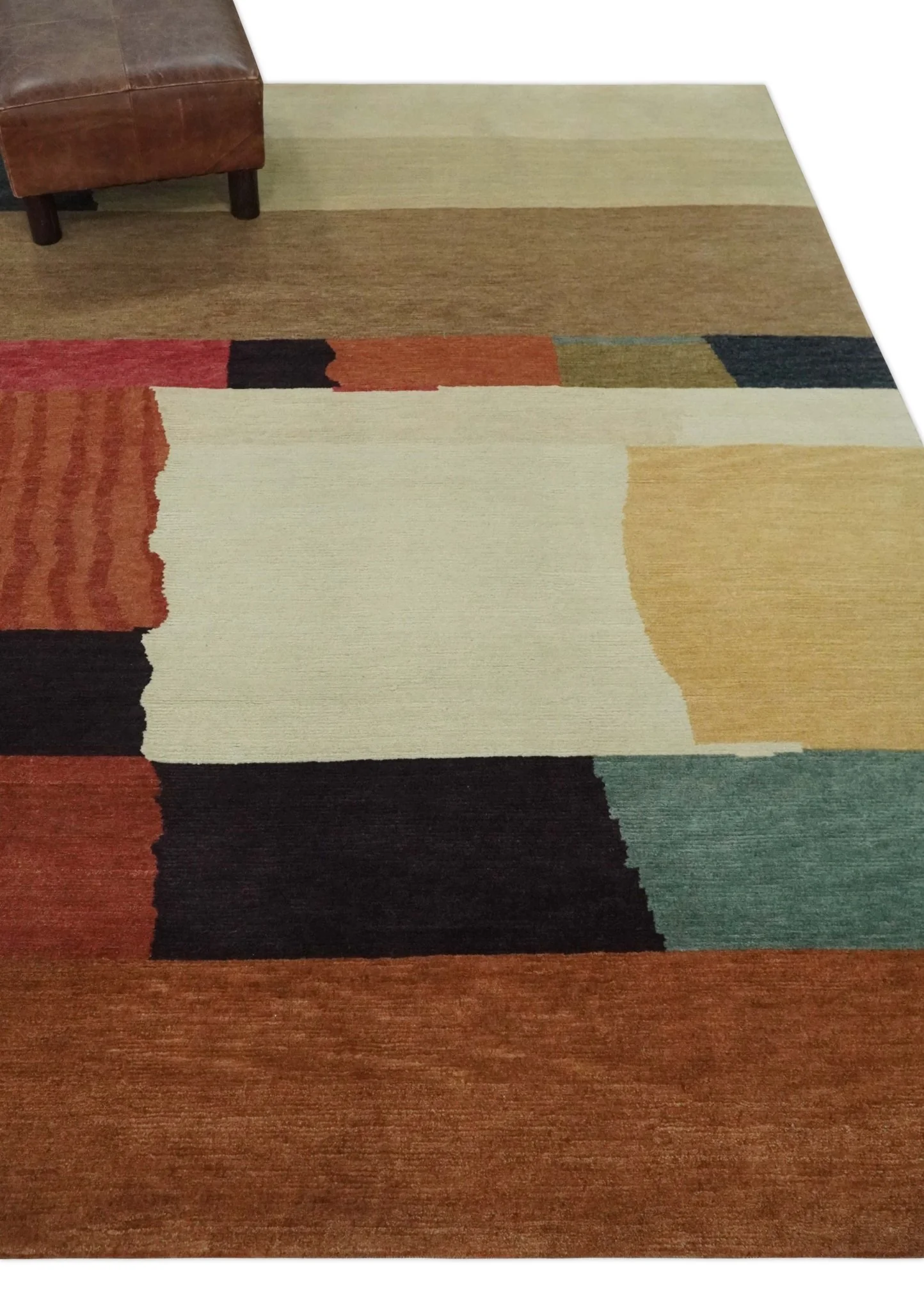 Brown, Ivory, Beige and Rust Modern Abstract Hand knotted 5X6.6 Wool Area Rug - Image 4