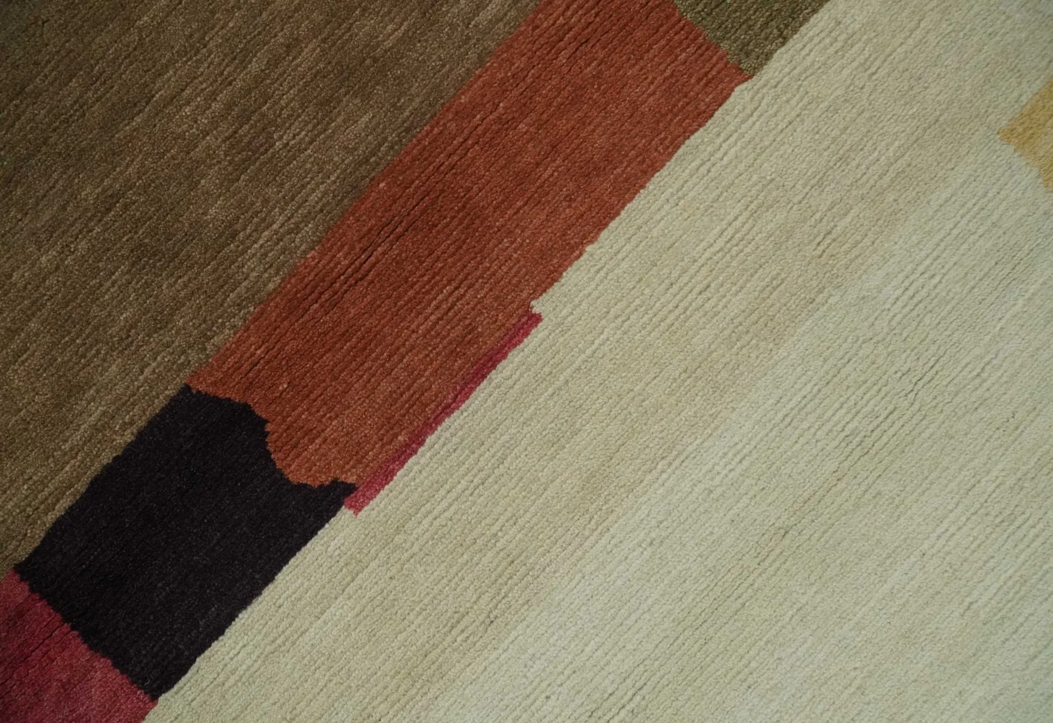 Brown, Ivory, Beige and Rust Modern Abstract Hand knotted 5X6.6 Wool Area Rug - Image 5