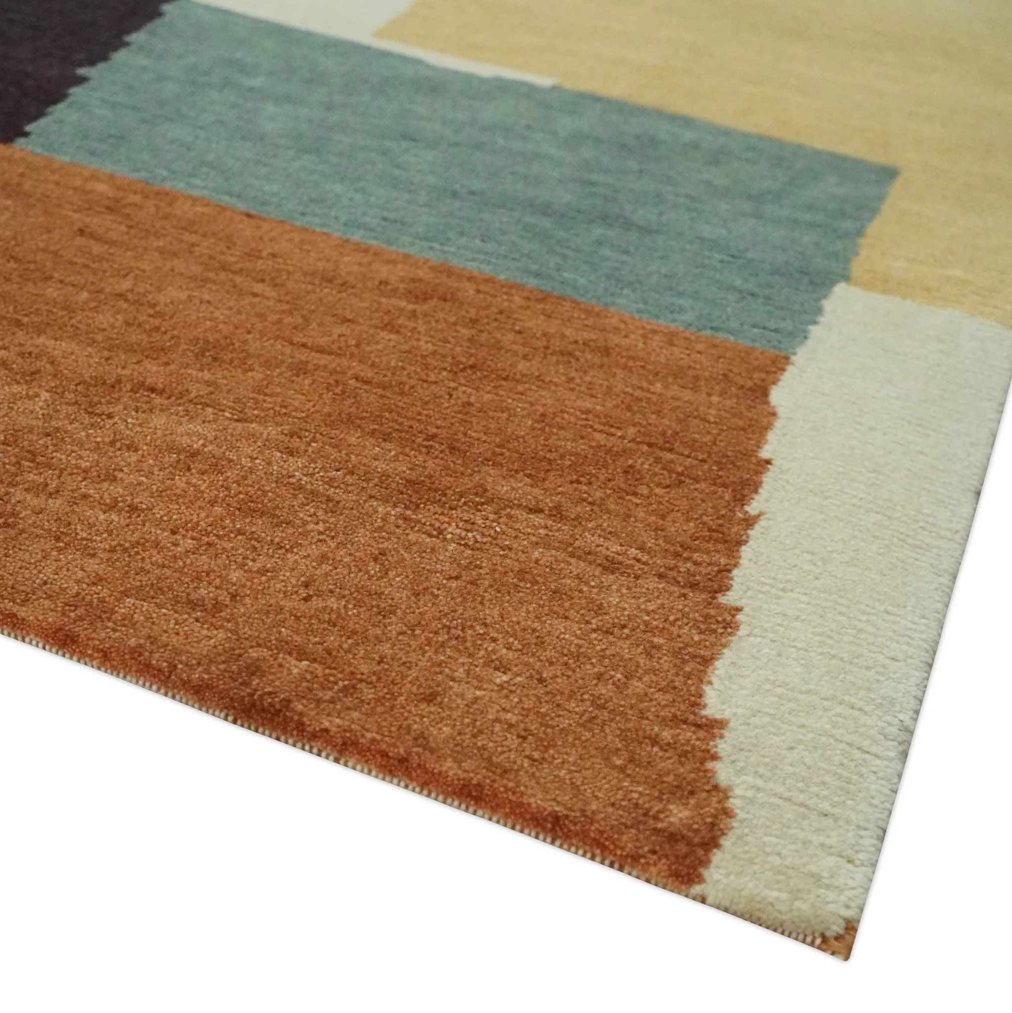 Brown, Ivory, Beige and Rust Modern Abstract Hand knotted 5X6.6 Wool Area Rug - Image 6