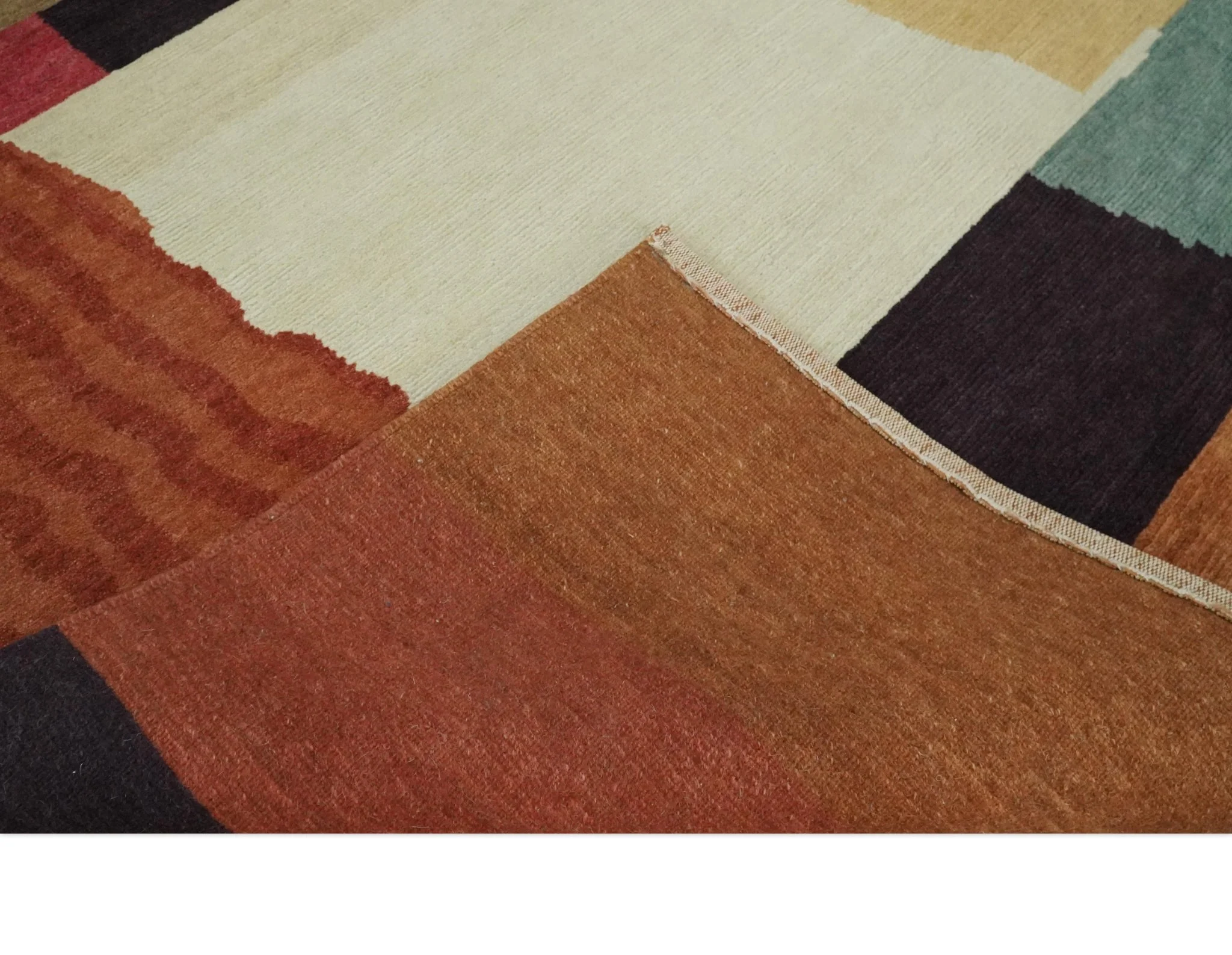 Brown, Ivory, Beige and Rust Modern Abstract Hand knotted 5X6.6 Wool Area Rug - Image 8