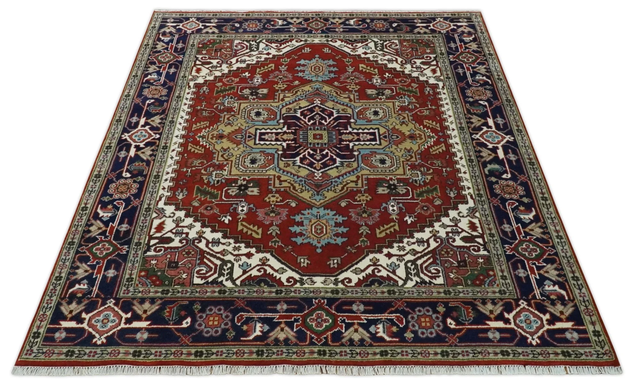 Custom Made Rust, Mustard, Ivory and Blue Hand Knotted Traditional Wool Area Rug - Image 10