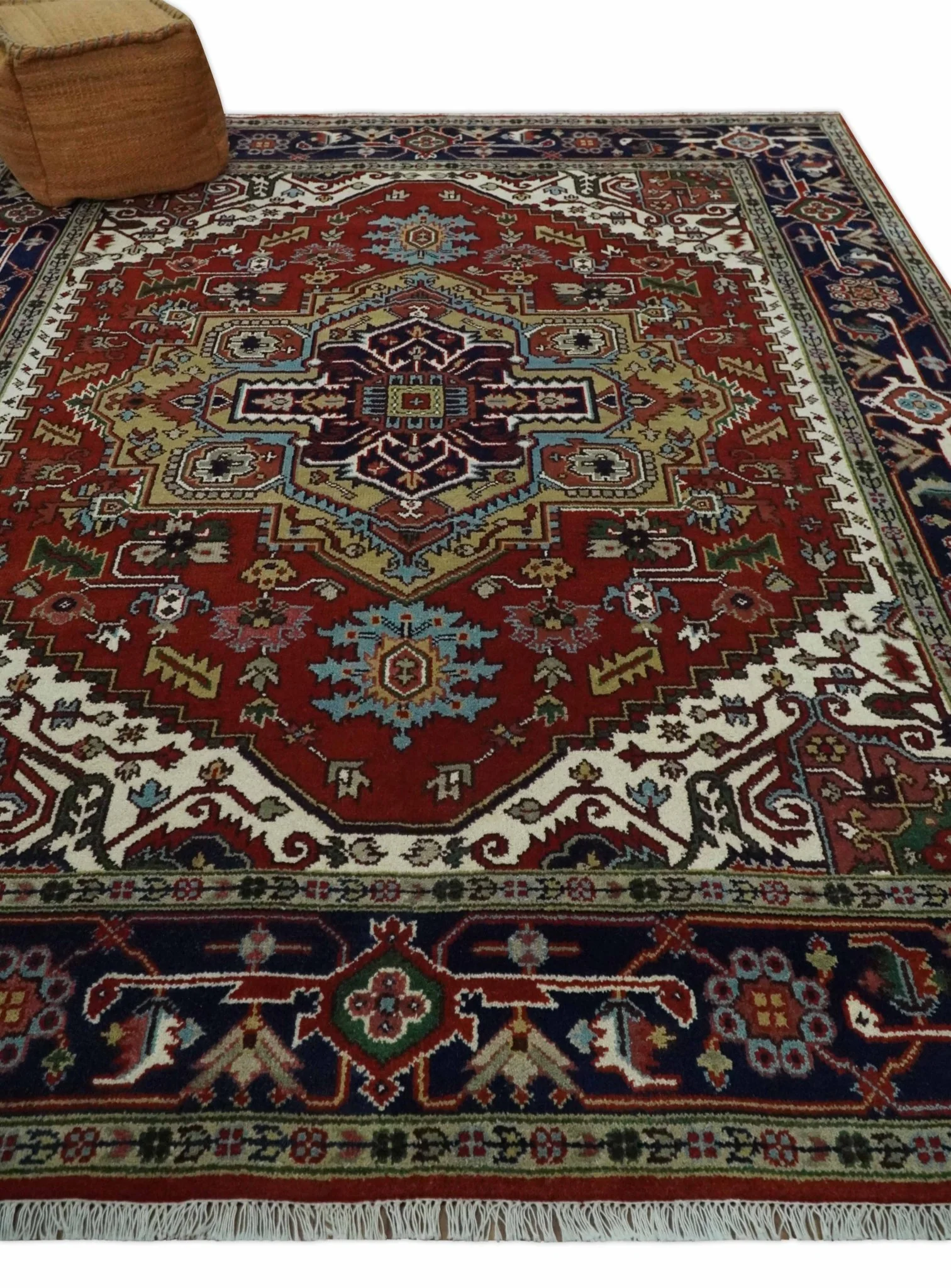 Custom Made Rust, Mustard, Ivory and Blue Hand Knotted Traditional Wool Area Rug - Image 3