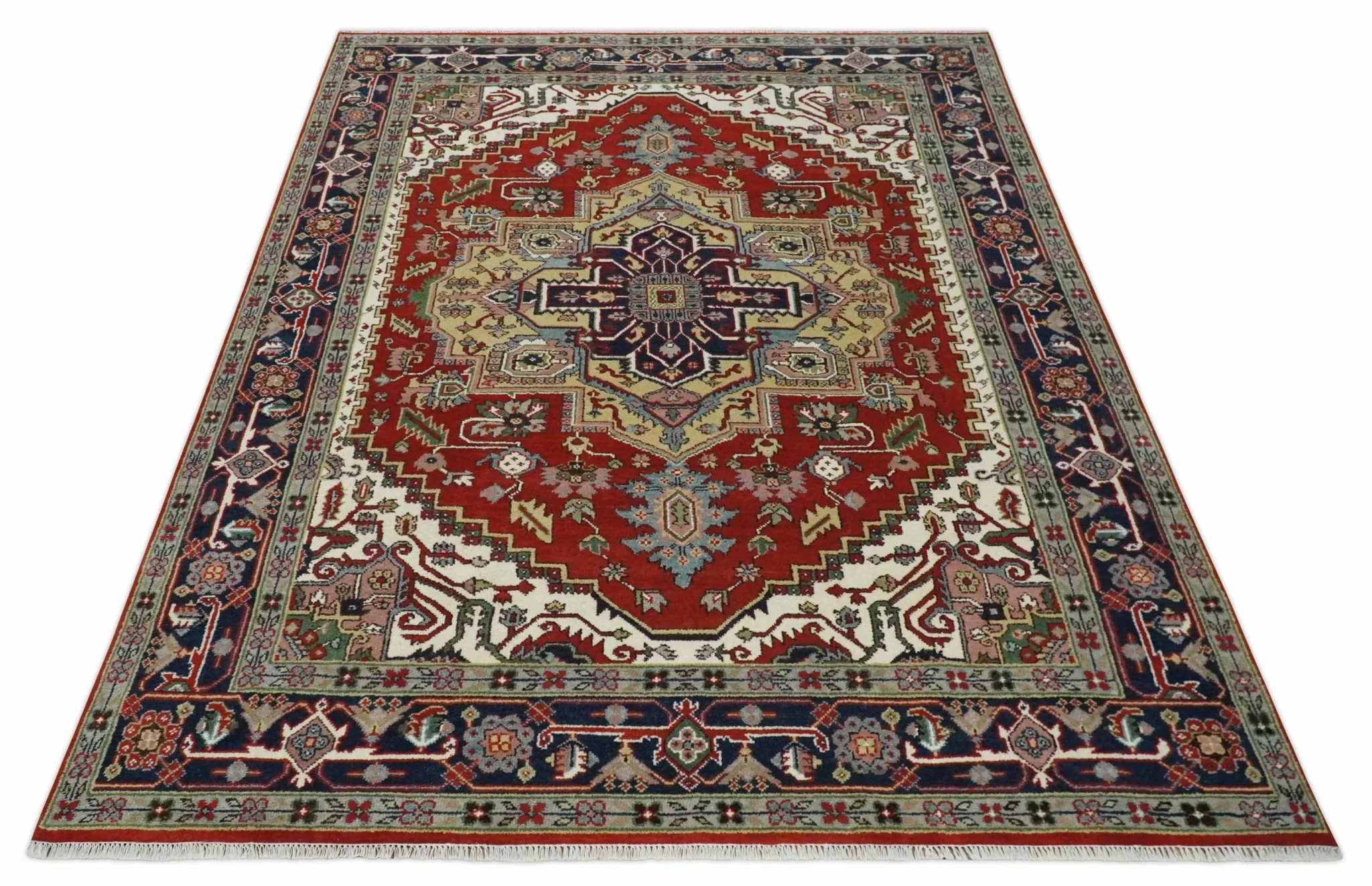 8x10 and 9x12 Hand Knotted Brown, Mustard, Ivory and Blue Traditional Wool Area Rug - Image 10