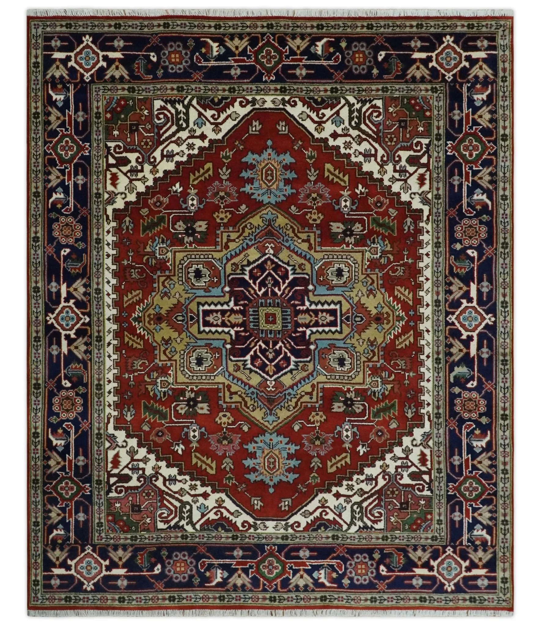 8x10 and 9x12 Hand Knotted Brown, Mustard, Ivory and Blue Traditional Wool Area Rug - Image 11